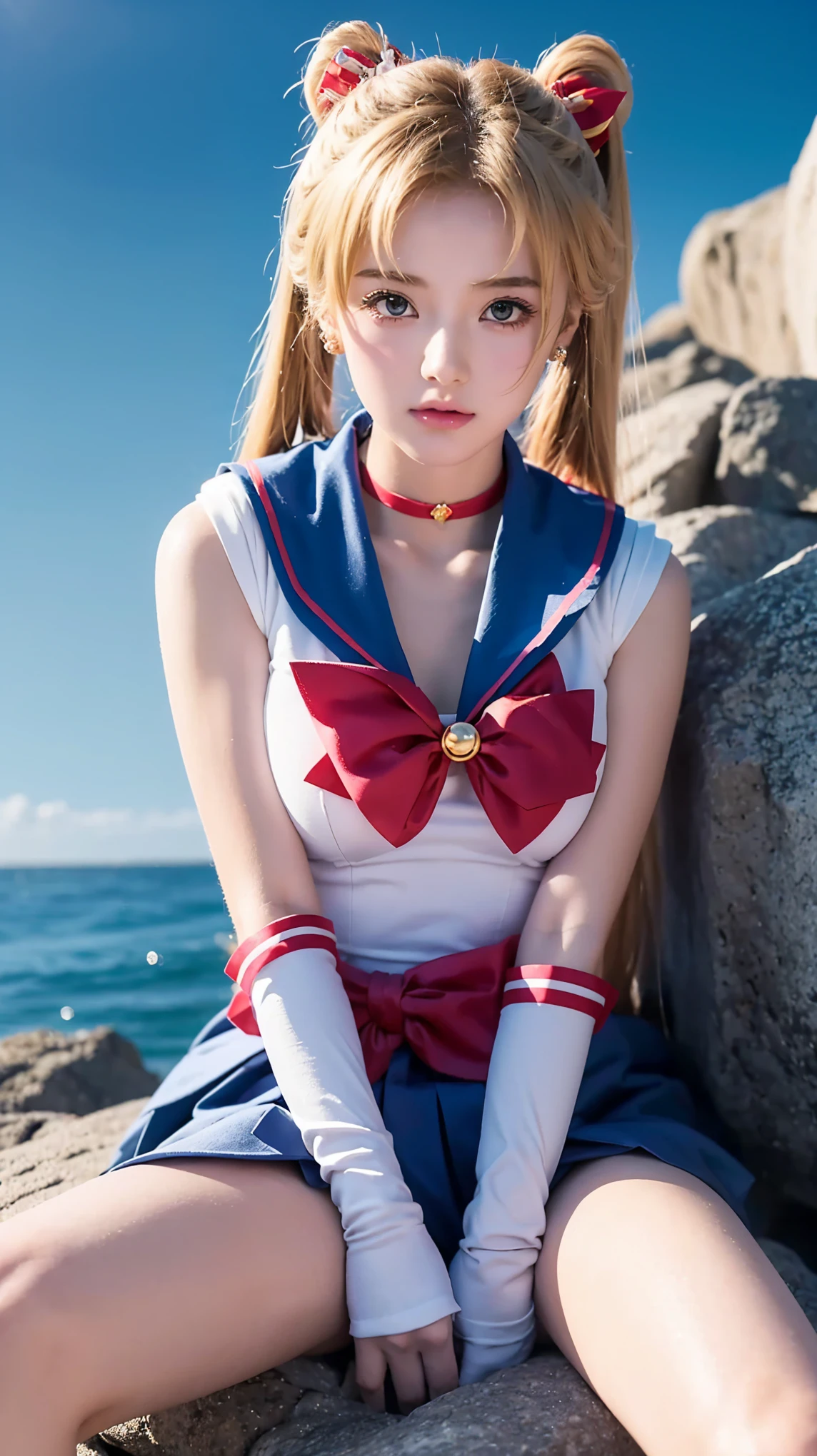最high quality、high quality、Best image quality、8k、最High resolution、High resolution、最high quality、masterpiece、RAW Photos、whole body写真、Detailed and realistic human body、Detailed and realistic skin、Realistic face in every detail、Realistic reproduction of every detail、Detailed and realistic lips、Detailed and realistic teeth、Detailed and realistic ears、Detailed and realistic hair、Detailed and realistic weapons、Realistic reproduction of every detail、Realistic fingers in every detail、(Beautiful Hands、thumb１reference４)、Realistic feet down to the last detail、((Beautiful Japanese Girl))、(Japanese Model), (Japanese women)、((18 year old beautiful girl))、((Sailor Moon(A girl who looks like Tsukino Usagi)、(Blonde)、(Random Hairstyles))、((whole body))、((Beautiful upward-facing breasts))、(Slim and perfect style)、(whole body光沢肌、Fair skin)、(Soft natural light)、Tropical countries、Resort Beach、Beautiful sea、Beautiful sandy beach、Coastal、rocky coast、High waves、((Sitting on a rock(Spread your legs wide))、((背景にBeautiful seaが見える))、((Sailor Moonのコスプレ衣裳(A girl imitating Sailor Moon))、((Skin-tight leather costume))、Sexy pose