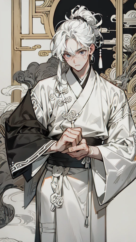 1male, black and white hair, black hair, white hair, half split hair, short hair, spiked back hair, white bandaged blindfold, calm expression, black and white split haori, traditional japanese background, hands to side, hands in pockets, standing on path