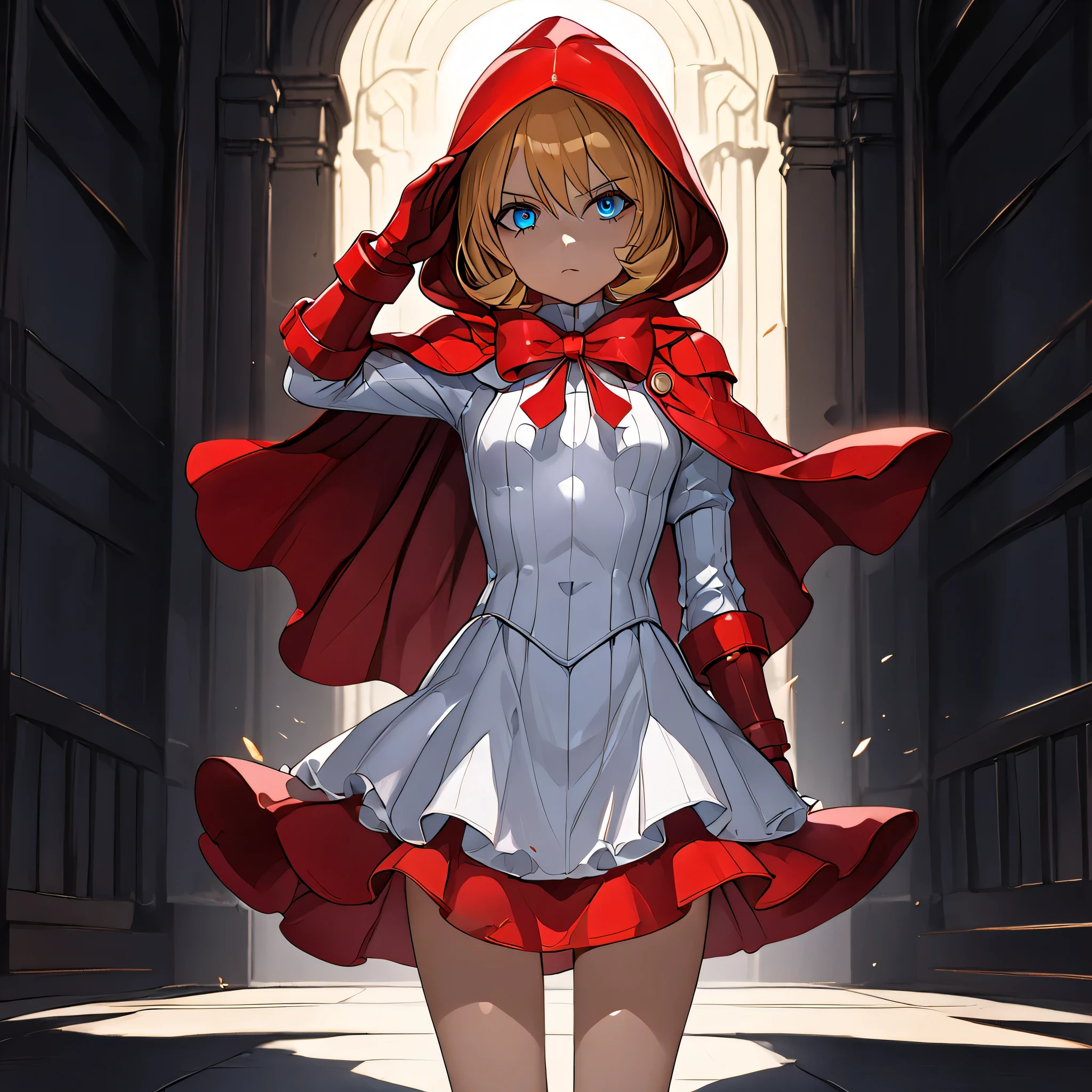 anime, (masterpiece), (best quality), (ultra-detailed), (best illustration), (best shadow), (absurdres), (detailed background), (very aesthetic), shiny, detailed beautiful eyes, outstanding, countershading, detailed soft lighting, an exquisite animation illustration, 1girl, solo, anheang, Dollsuit, thighthigh, dark persona, empty eyes, expressionless, blank eyes, looking at viewer, red gloves, full body, emotionless, Fighting Stance, hair ornament, seductive pose, submissive pose, small breast, Bonnie Hood, blonde hair, blue eyes, medium hair, red capelet, red hood, holding gun, gun, bullet, salute, saluting