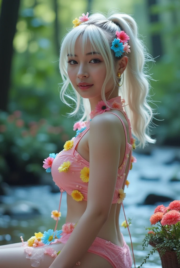 (Highest quality),( masterpiece)、(8K)、23 years old、(Cherry blossoms falling background)、(Blue sky)、(1 person),（Black bra with cherry blossom pattern）、Bobcut, Elegant and beautiful,The most detailed girl,Beautiful and detailed hair, Beautiful, detailed, deep eyes,Delicate arms and hands, Pale skin,Very delicate and beautiful,Perfect Face,Beautiful lip detail, Earrings, Black choker,  Open your mouth a little, smile, Ear Piercing, Blonde, clavicle, blush
