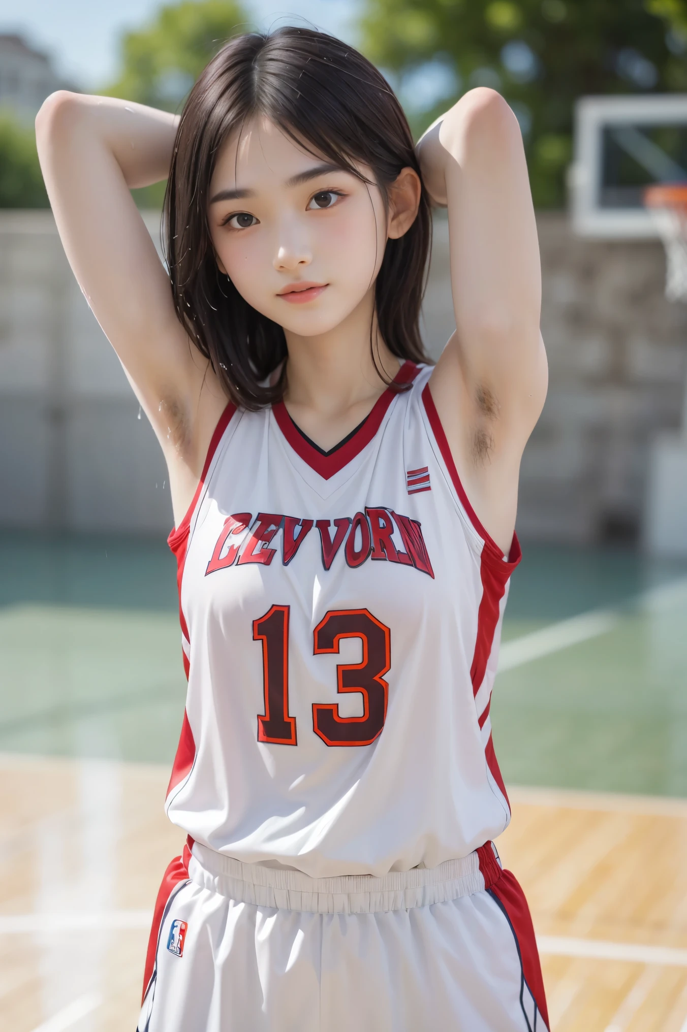 (One Girl), Very cute face, Great face and eyes, (Highly detailed eyes, Highly detailed face), Fresh, Very beautiful appearance, (Ultra-realistic, High resolution), (highest quality:1.4), RAW Photos, (Realistic, Realistic:1.37), Professional photography , (A pale pink basketball uniform that becomes transparent when wet )  , (Cleavage:1.2), (Expose your shoulders), (Laugh a little), (look at me) , Portrait of a Girl  , (Huge breasts)   , Expose your shoulders ,   , (Erect nipples) , (Her basketball uniform clung to her body tightly.、The nipples are visible:1.2) , (Place your hands behind your head to expose your armpits:1.2) , (My chest is sweaty:1.2)  , (Show armpit hair)