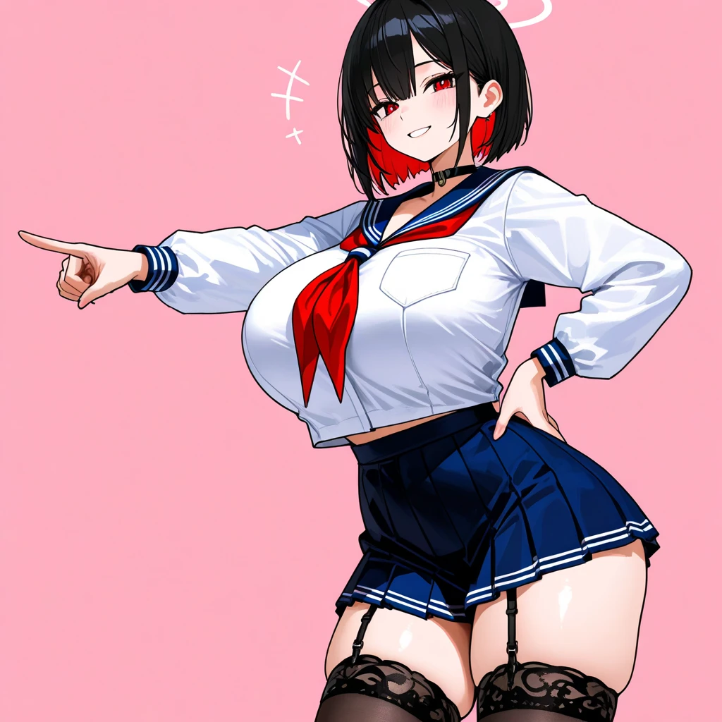 1 hot girl, dark hair, black eyes, grin, gorgeous, black pantyhose, short bob, japanese school girl, large breasts, serafuku, young girl, japanese, slender