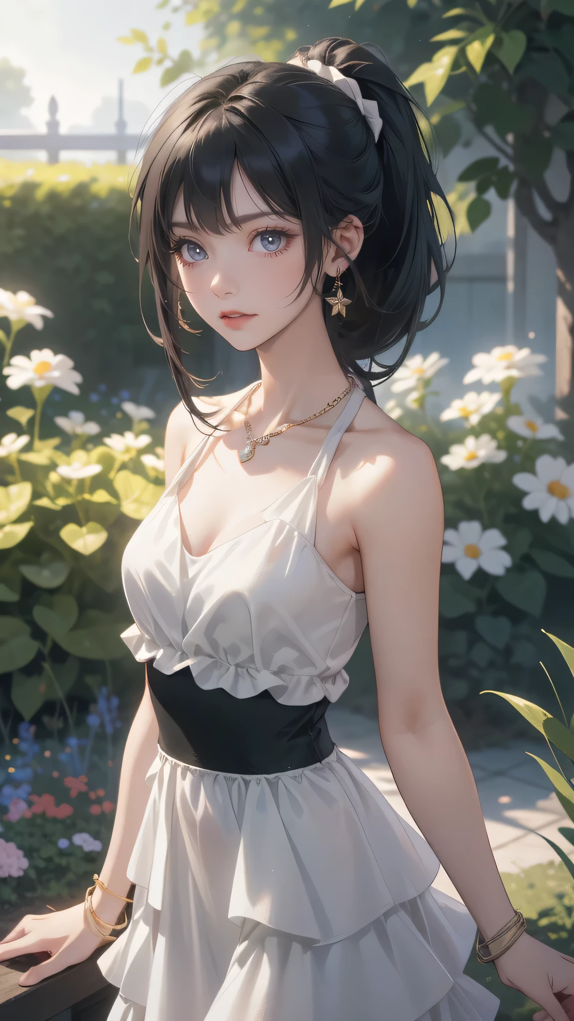 ((((masterpiece, best quality, high resolution)))), Extremely detailed 8K, Beautiful girl with voluptuous body, (Ultra HD, Ultra-detailed, Highly detailed, Highly realistic, Ultra-realistic, photograph realistic), (1girl:1.5), (Realistic black hair), (short wavy hair, hair ornaments, earrings), (dynamic poses), facing at camera, looking at viewer, (blushing red, embarrassed, smile), (green eyes, sharp eyes), (big perky breasts:1.2), (beautiful detailed face, beautiful detailed eyes), ((white loose sundress, oversized sunhat)), (detail pussy), (standing up), sweat, glow, (sunbeam, sunlight), ((cowboy shot)), beach, seductive