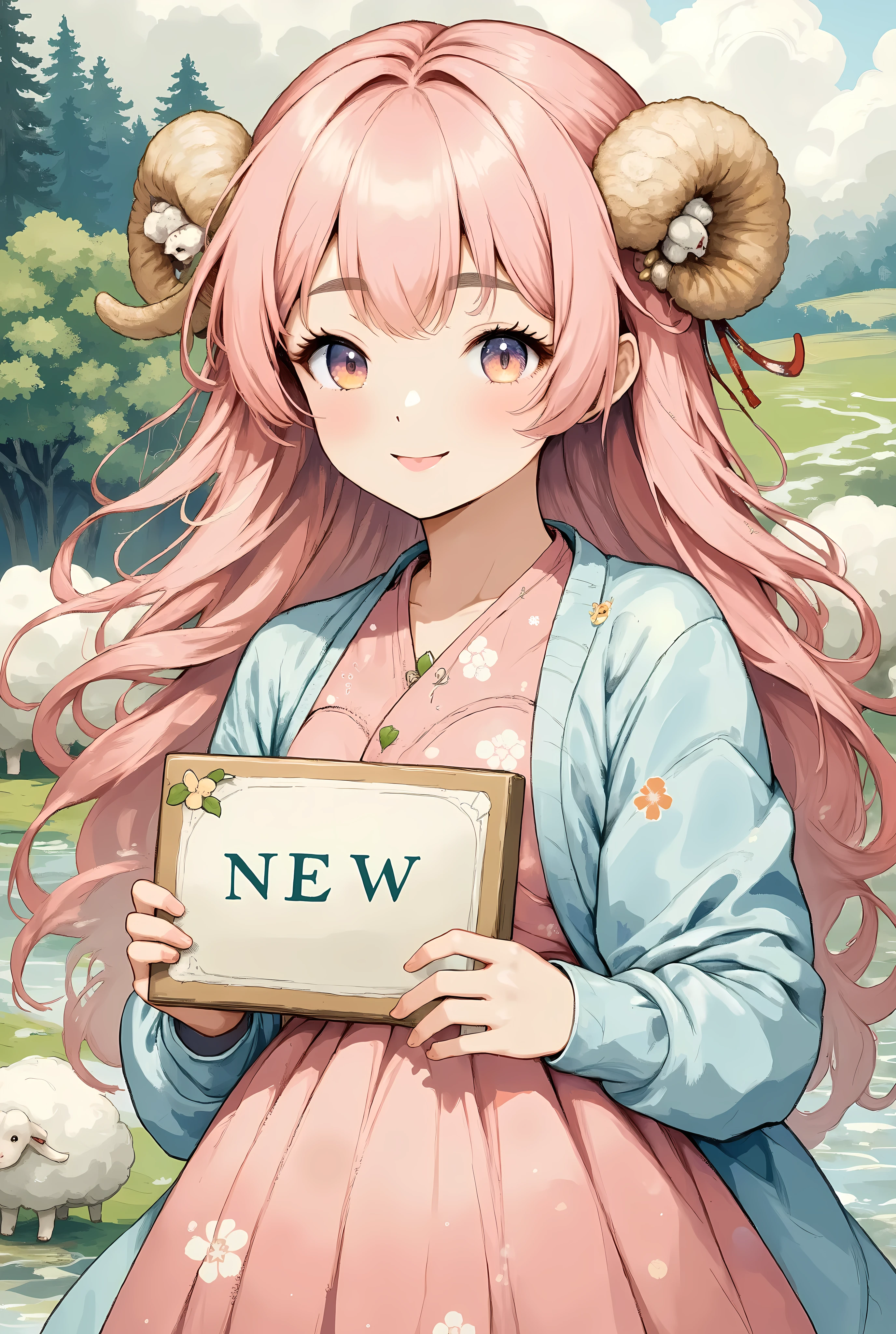 (Masterpiece:1.2), Ultra high resolution,  textured skin,  high details,    best quality , 1 Female,  long pink fluffy hair  :1.5, I have a sign with a cute round sheep horn ,  thick eyebrows:1.1, Expression of very beautiful hair ,  expression of unbelievably beautiful eyes,  pink flared long dress holding a sign that says :1.1,  sky blue cardigan , In large letters「NEW」 written on it「NEW」,   ( cowboy shot,  cowboy shot, front:1.4, front:1.4)