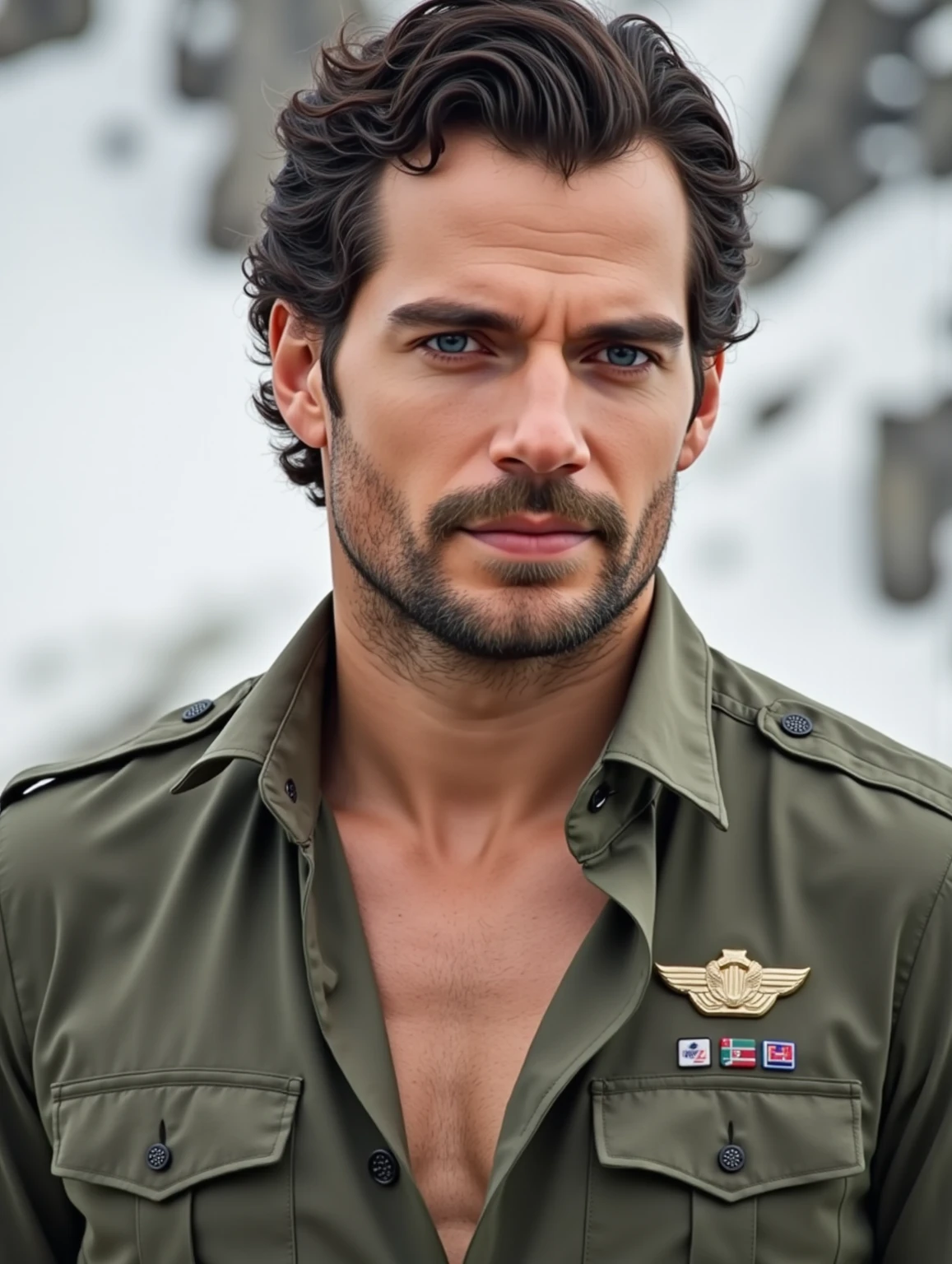 masterpiece, envelopes, High resolution, close up portrait , ( a boy:1.4) A man in a military uniform (black and white squares), muscular, (a man in a shirt: 1.2) enfoque male , focused only, tanned skin , 38 year old man, muscular, strong, hairy, male , (: 1.2), In the background a mountain , In a city with a lot of traffic and pollution., amazing composition, front view, HDR-10, Volumetric lighting , ( general plane , From the front :1.2) (GS-Macho :1.5) (magnificent landscape:1.2)