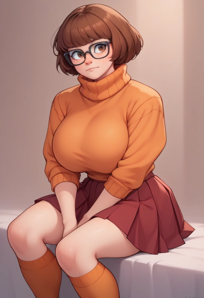score_9, score_8_up, score_7_up, source_anime BREAK 1girl, VelmaXL, 1girl, solo, breasts, looking at viewer, short hair, huge breasts, large breasts, chubby, brown hair, brown eyes,underwear, panties, glasses, clothes lift, sweater, no bra, turtleneck, shirt lift, clothes pull, undressing, lifted by self, turtleneck sweater, orange shirt, sweater lift, orange sweater