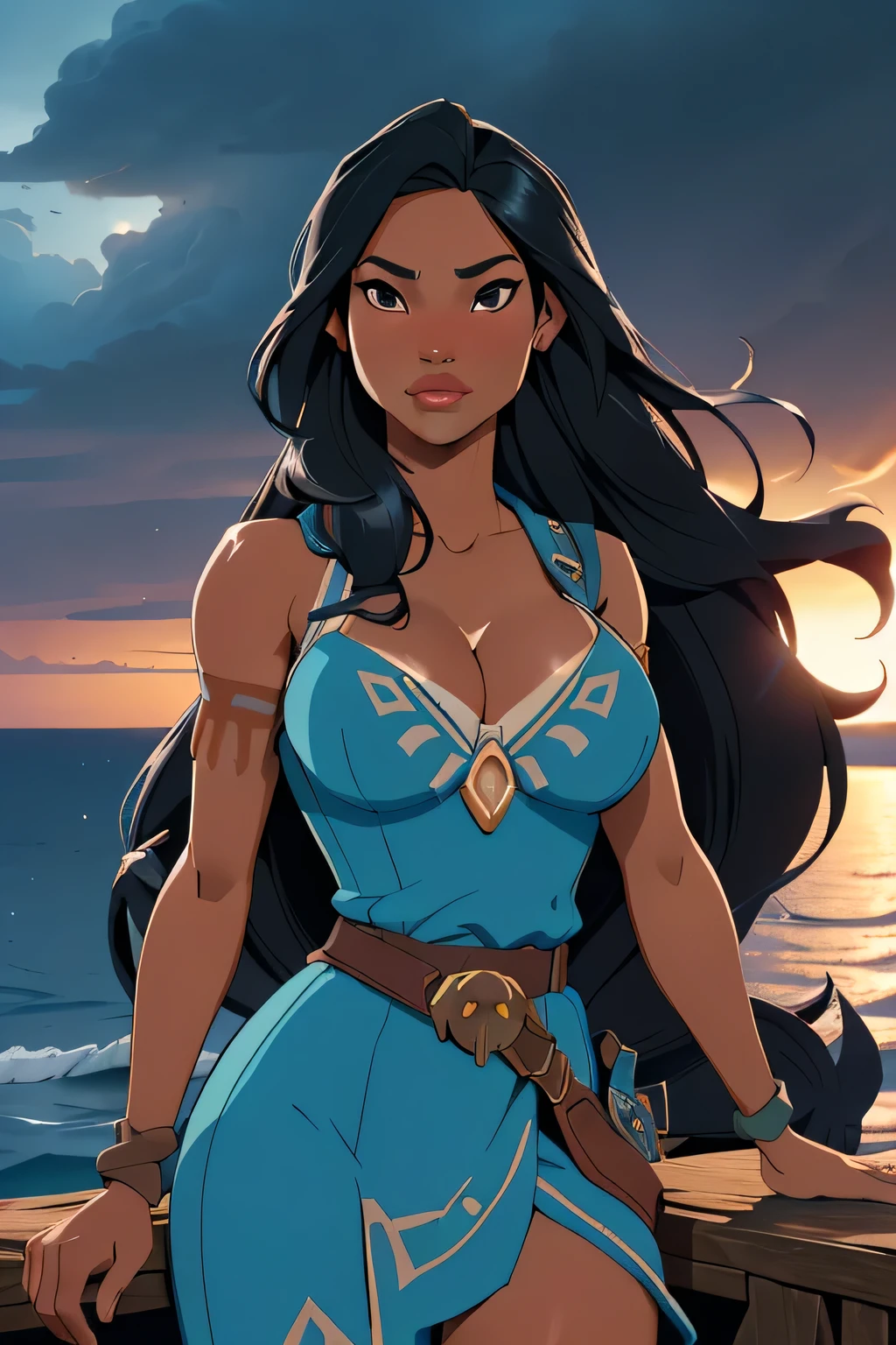 1girl in, 18, Pocahontas Waifu, photo of perfect woman, miniature ferry, Solo, Aesthetic artwork, (long hair, very long straight black hair:1.25), (clear skin, tanned skin, large breasts, DD-cup, runners body, very thin waist, skinny, petite, detailed skin texture), (cleavage, focus on breasts:1.2), (ocean background, background an old pirate ship desk, giant black storm clouds approaching, (wearing an blue tunic, leather belt, Triforce symbol, princess Zelda, Zelda breath of the wild cosplay), (sensuous pose,), (extremely detailed 8k wallpaper), soft lighting, high quality, film grain, Fujifilm XT3 sharp focus, f 5.6, 50mm, High Detail, Sharp focus, (natural light), crazy details, complex details, hyper detailed. (cowboy photo:1.2), light particles, sfw