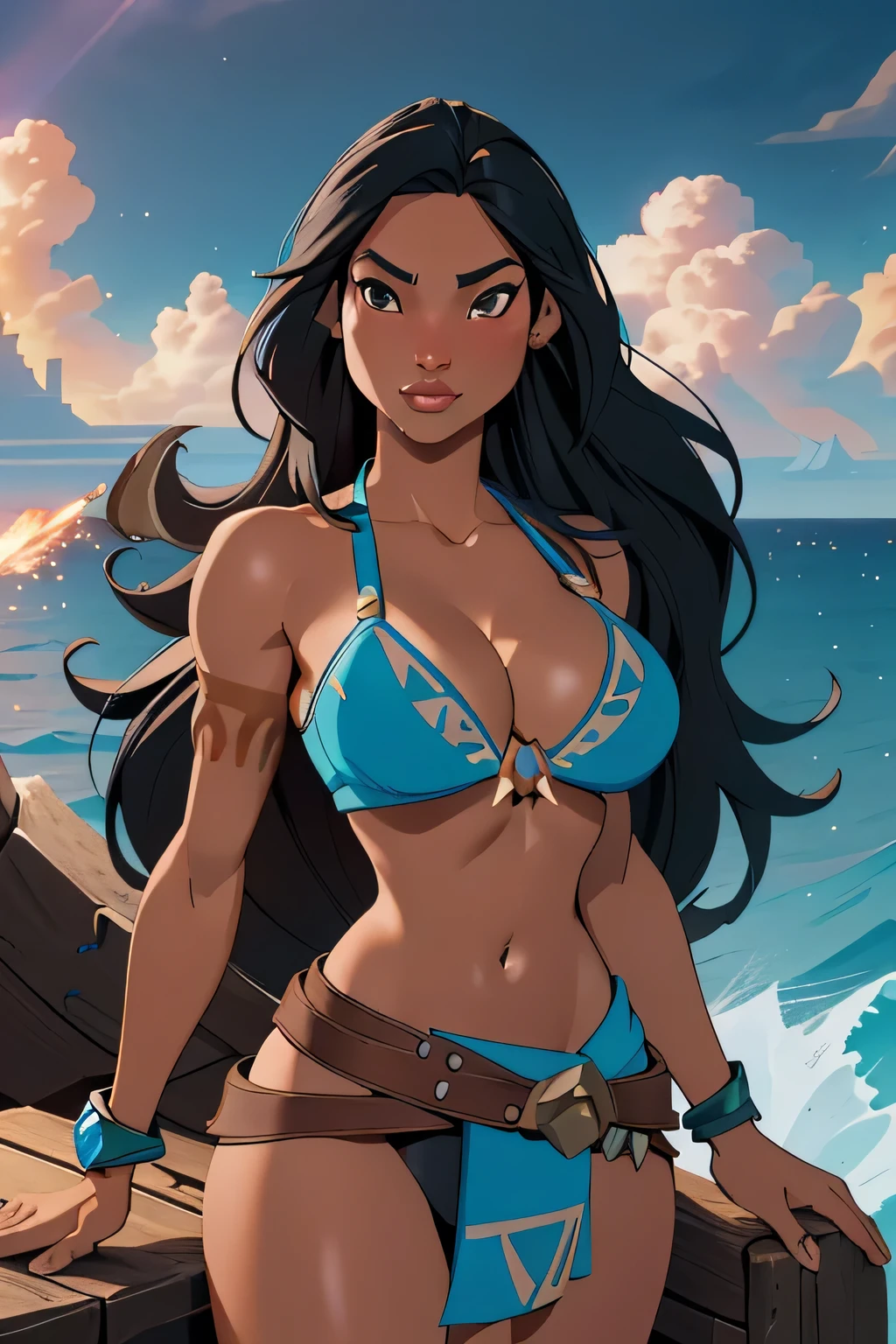1girl in, 18, Pocahontas Waifu, photo of perfect woman, miniature ferry, Solo, Aesthetic artwork, (long hair, very long straight black hair:1.25), (clear skin, tanned skin, large breasts, DD-cup, runners body, very thin waist, skinny, petite, detailed skin texture), (cleavage, focus on breasts:1.2), (ocean background, background an old pirate ship desk, giant black storm clouds approaching, (wearing an blue tunic bikini, leather belt, Triforce symbol, princess Zelda bikini, Zelda breath of the wild cosplay), (sensuous pose,), (extremely detailed 8k wallpaper), soft lighting, high quality, film grain, Fujifilm XT3 sharp focus, f 5.6, 50mm, High Detail, Sharp focus, (natural light), crazy details, complex details, hyper detailed. (cowboy photo:1.2), light particles, sfw