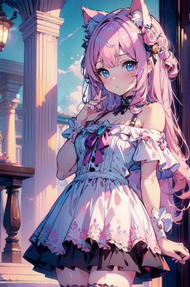 Sit and rest on the statue of Mary、Pink haired woman、blue eyes