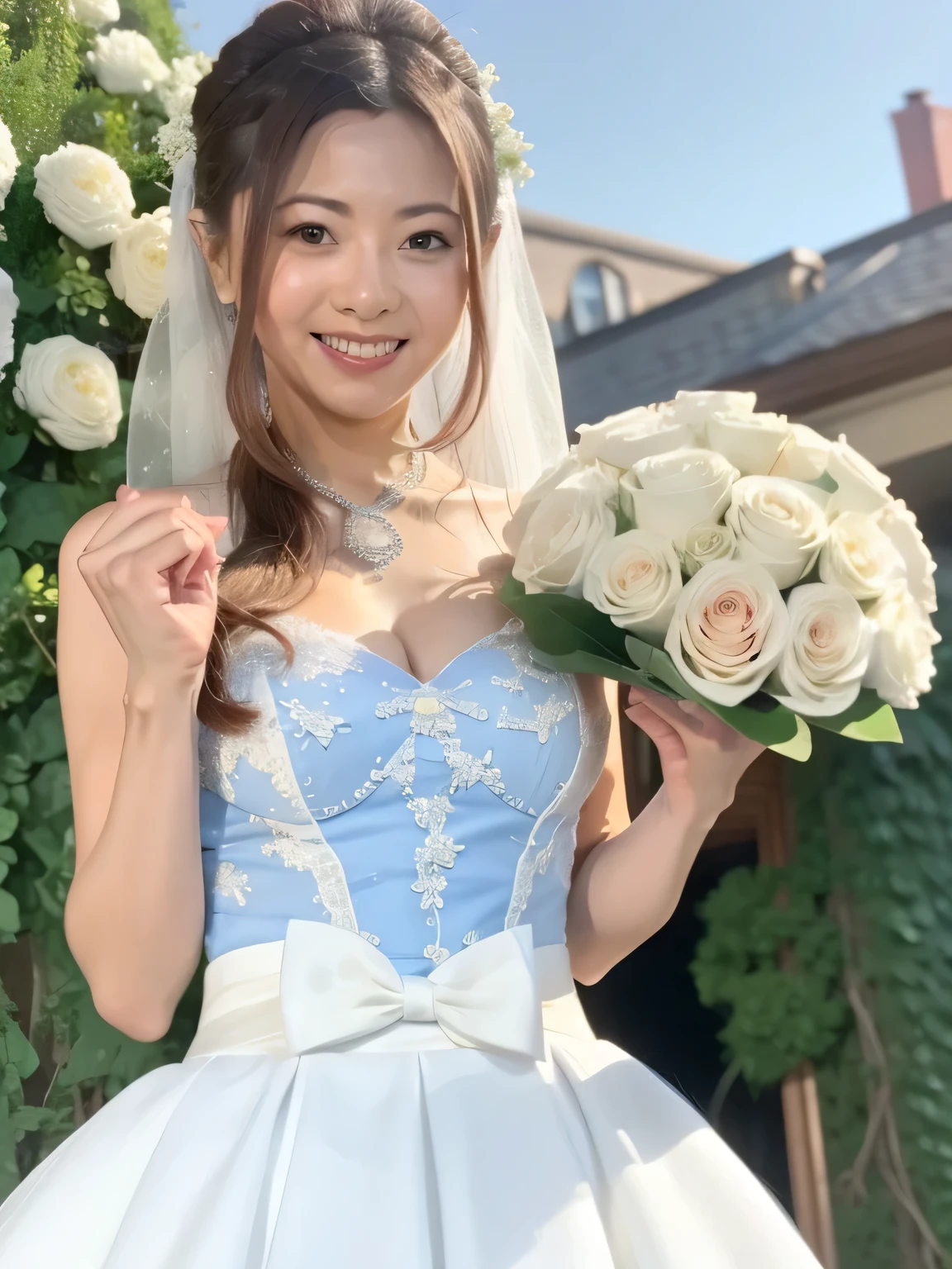 Girl with huge breasts wearing a wedding dress with a huge lace neckline and a wedding veil with a bouquet