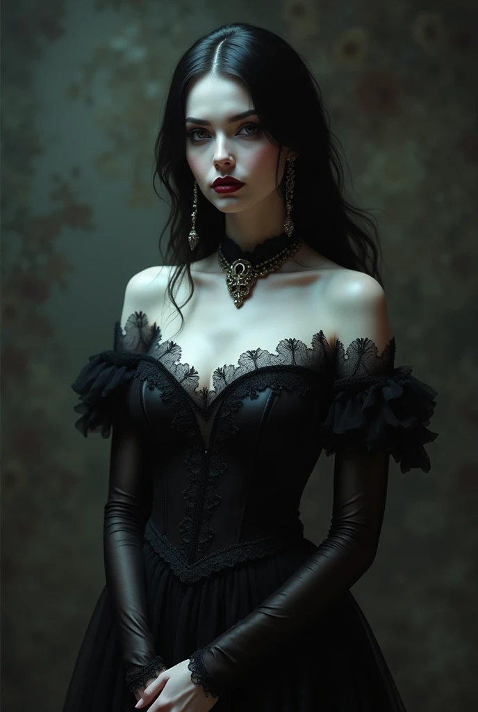 Une femme en robe noire en position debout, art gothique style, art gothique, An elegant gothic princess, early, style artistique Tom Bagshaw, Dreamy Gothic Girl, ; detailed 3d gothic, style de Tom Bagshaw, art fantastique gothique, Natalie Shau Tom Bagshaw, portrait de princesse gothique,