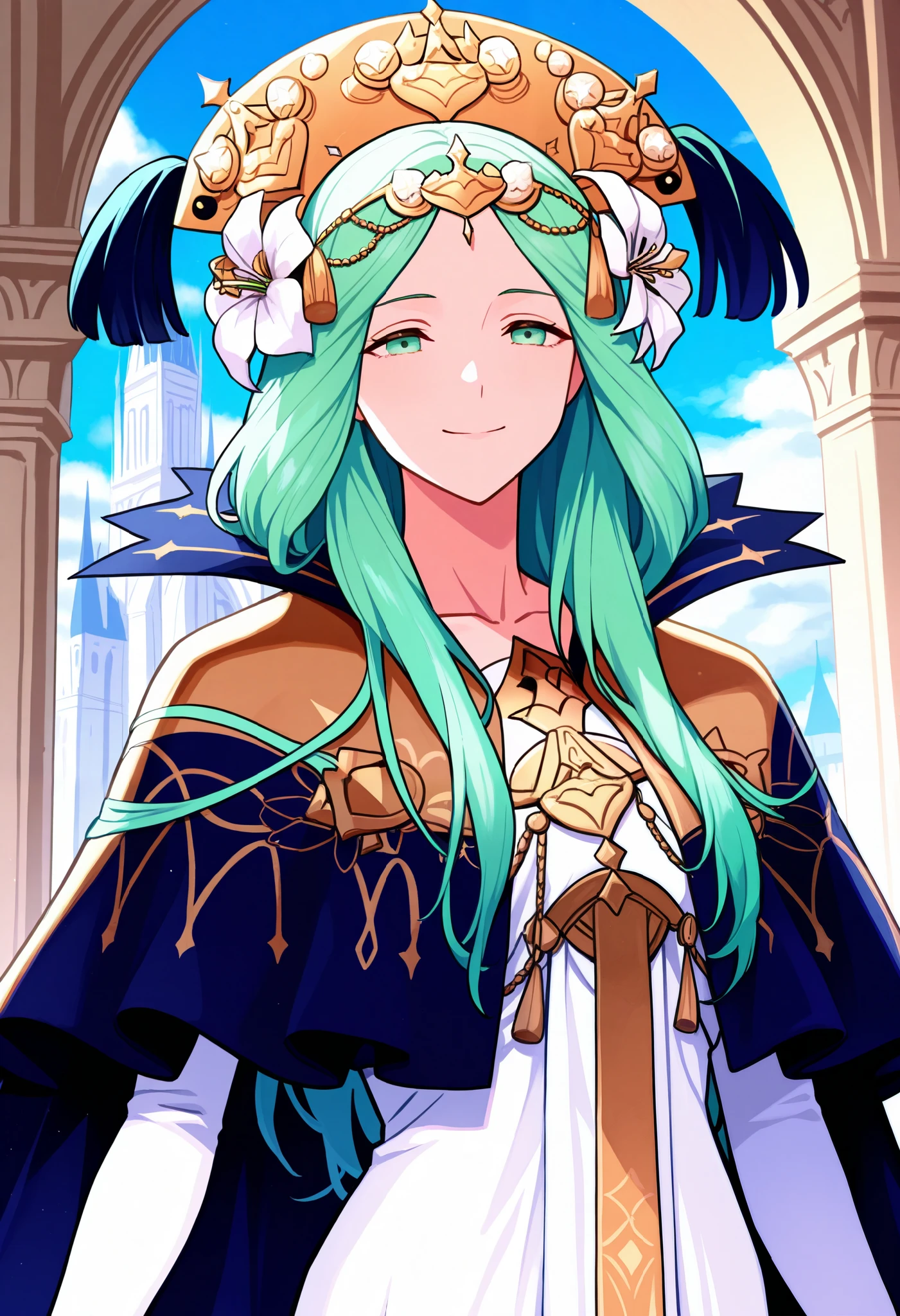Masterpiece, best quality , 1 girl, Alone, dfrh3a , green hair, long hair, green eyes, gold headdress, hair flower, tiara , blue& gold cape facing right , High collar, white dress, long dress , blueタバード , long sleeve , Watch viewers, smile, cathedral, blue sky, cloud, serene smile, upper body, ( with semi-closed eyes :0.7), gold brooch ,