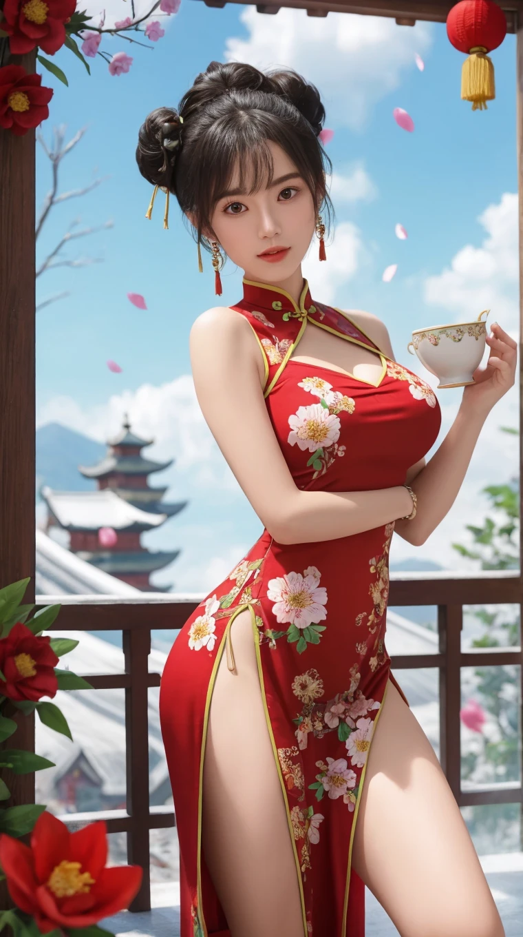 beautiful breasts、cleavage、(table top, highest qualityの, highest quality, official art, beautiful and aesthetic:1.2), 1 girl , 20歳のSexyな魅力、 japanese women、very detailed, (flowers:1.3),best details, (dynamic pose), (blurred background:1.3), Sheer cheongsam(traditional chinese cloth:1.2), (shiny skin),slight smile、Full body Esbian、Chinese dress with a slit at the chest、Sexy、