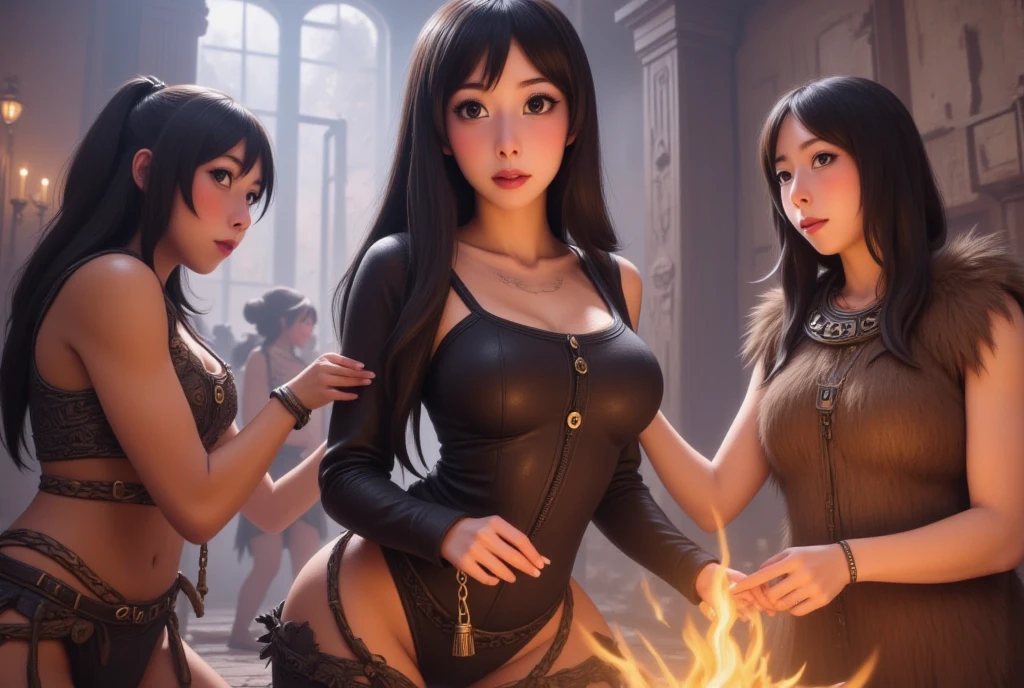 masterpiece, 最high quality, High resolution,  Final Fantasy 7、Tifa Lockhart、Black torn clothes 、Black ripped pantyhose、Dark church at night、sexy、Wearing a mini skirt、Thin legs、Big Breasts、Slim figure、high quality　CG Tone、Torn black panties、Defeat scene、Losing to a woman、Collapse and suffer、Surrounded by women