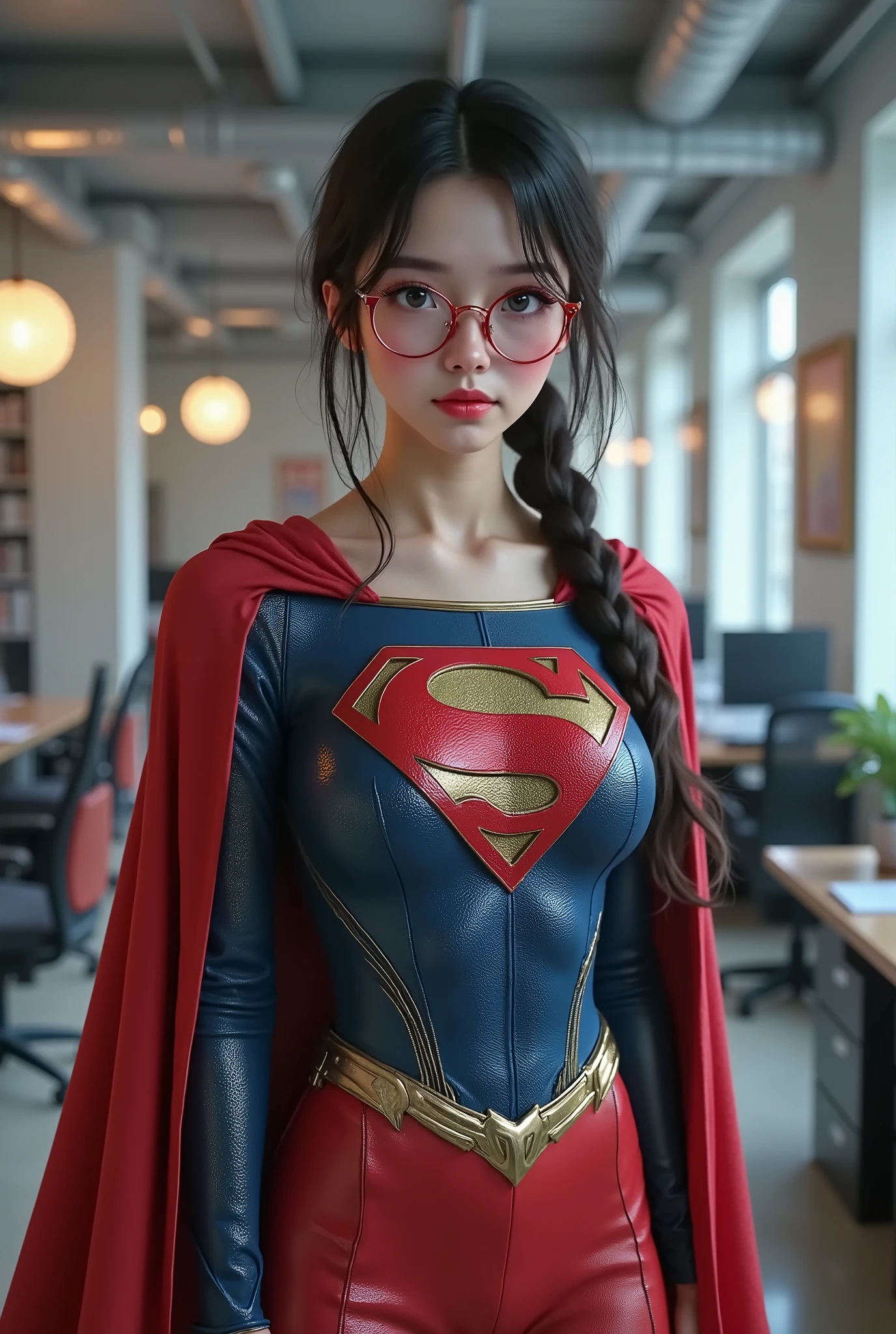 MEI CHARGING UP WITH INCREDIBLE SUPER POWER. A SEXY YOUNG ASIAN GIRL WITH BLUE EYES, RED GLASSES AND BLACK HAIR BRAIDED, WEARING A 3D TEXTURED SUPERMAN SUIT, A LONG RED SPANDEX CAPE, STARING AT THE VIEWER, INTRICATE DETAILS, INTICATE TEXTURES, PROESSIONAL 4K PHOTOGRAPHY. STANDING AT WORK. PHOTO REALISM