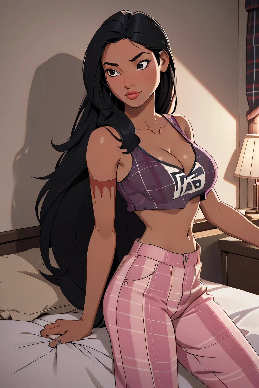 1girl in, age18, Pocahontas Waifu, photo of perfect woman, miniature ferry, Solo, Aesthetic artwork, (long hair, very long straight black hair:1.25), (clear skin, tanned skin, large breasts, DD-cup, runners body, very thin waist, skinny, petite, detailed skin texture), (cleavage, focus on breasts:1.2), (she wears A baggy Rock band t-shirt, black Rock concert t-shirt, pink plaid pajama pants, comfy pajama pants), (in a bedroom, laying in bed, laying on chest, guitar hung up on the wall, guitar in the room), (extremely detailed 8k wallpaper), soft lighting, high quality, film grain, Fujifilm XT3 sharp focus, f 5.6, 50mm, High Detail, Sharp focus, (natural light), crazy details, complex details, hyper detailed. (cowboy photo:1.2), light particles, sfw