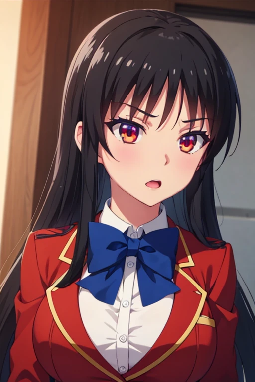 masterpiece, best quality, high resolution, best illustration, super fine illustration, (official art:0.8), anime screencap, detailed beautiful face and eyes, anime keyvisual, (perfect anatomy:1.5), 8k portrait, (detail focus fingers:1.2), 
1girl,
Suzune Horikita, 
Suzune Horikita \(youjitsu\),
long hair, braid, 
black hair, 
(red eyes:1.2), slant eyes, small eyes, 
blue bow, 
medium breasts, 
(school uniform, red jacket, white skirt, pleated skirt, black thigh-high socks),
looking at viewer, 
perfect light, background of indoors, on the bed, spread legs, show panties, nsfw, 