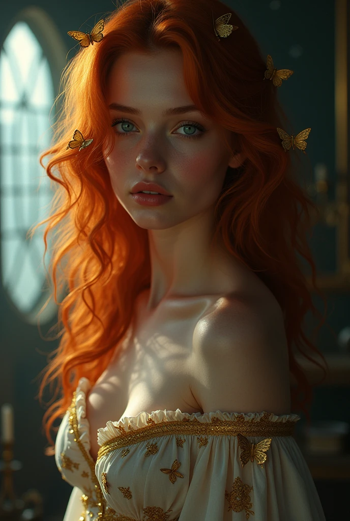 (solo, full body photo:1.3), (action packed:1.3), (haze, fog, mist:1.3), chiaroscuro, best quality, photorealistic, 1woman, (cute), (24yo:1.2), redhead, long ginger hair highly detailed, 1700'S, digital photography, art by artgerm and ruan jia and greg rutkowski surreal painting gold butterfly filigree, broken glass, (masterpiece, sidelighting, finely detailed Fashionable eyes: 1.2) (perfect oval large eyes that gazes at the viewer), beautiful detailed face, blue gorgeous perfect eyes, (blonde hair ponytail), (attractive young woman:1.3), (thick amazing hair), (seductive:1.1), (blushing:1.1)