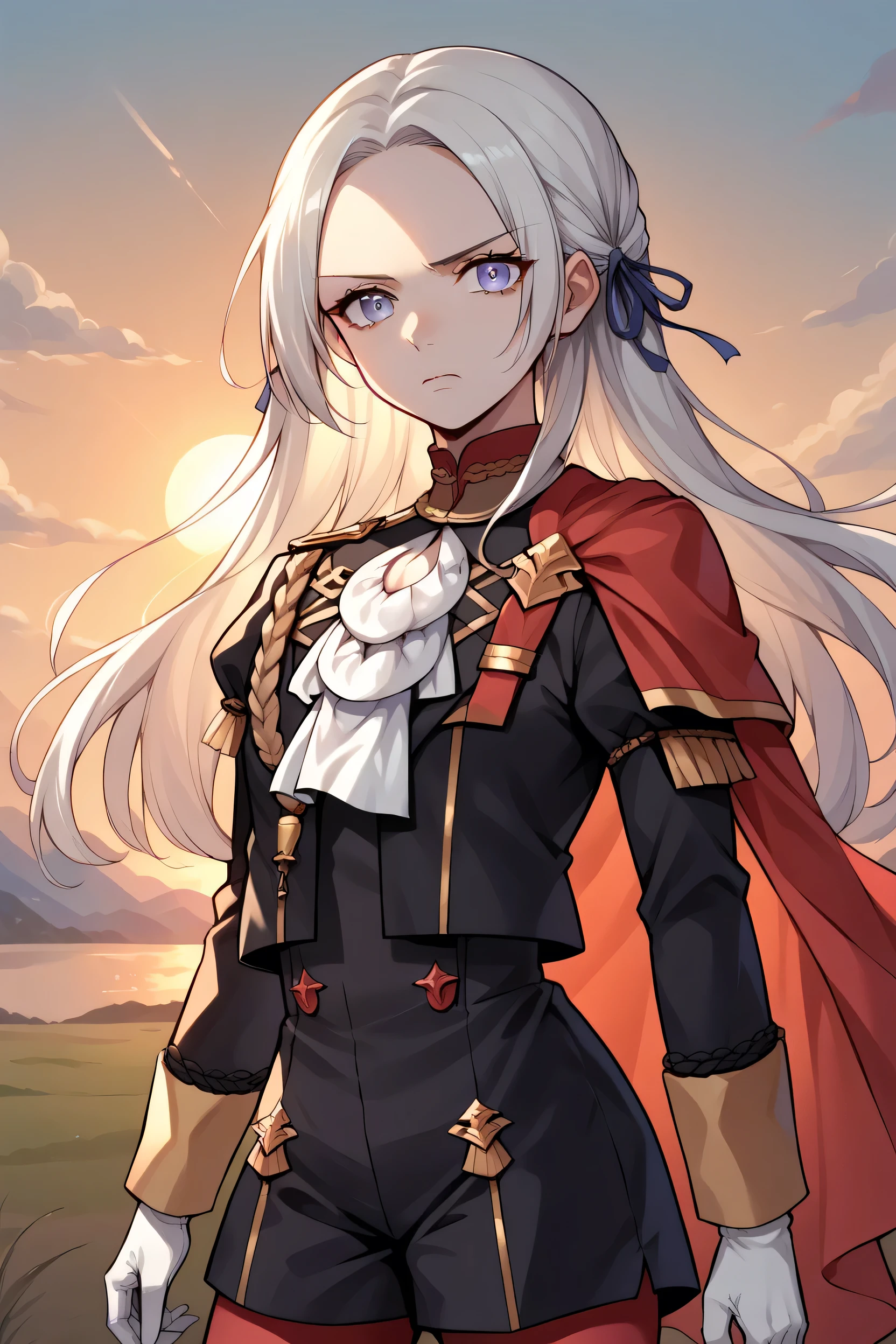  score_9,  score_8_ up,  score_7_ up,  score_6_ up,  source_Anime, BREAK 1girl, Edit default ,  hair ribbon,  long hair, side cape ,   black jacket,  White Ascot ,   make black shorts , white gloves,  red pantyhose, Serious, staring at you , sunset,  blue sky,  standing,  upper body,  portrait , sad