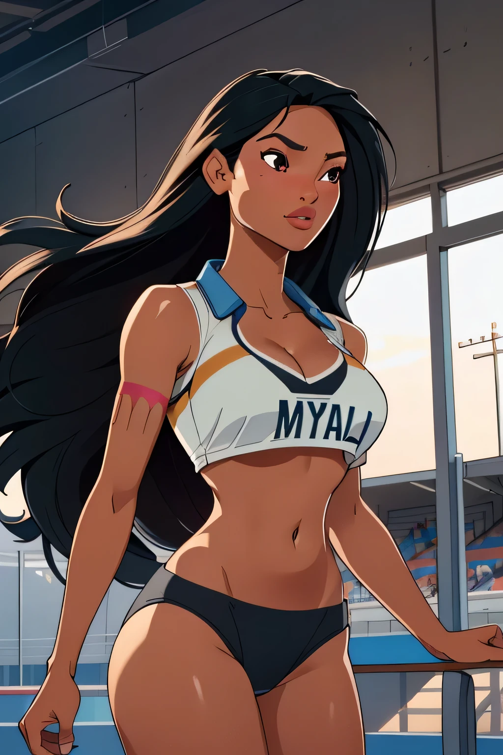 1girl in, 18, Pocahontas Waifu, photo of perfect woman, miniature ferry, Solo, Aesthetic artwork, (long hair, very long straight black hair:1.25), (clear skin, tanned skin, large breasts, DD-cup, runners body, very thin waist, skinny, petite, detailed skin texture), (cleavage, focus on breasts:1.2), (she is wearing a track and field top, sports competition with uniform, shirt has a number, tight sports bikini bottoms), (action shot, jumping over sandpit. Long jump, leaping through the air, Olympic jump), (extremely detailed 8k wallpaper), soft lighting, high quality, film grain, Fujifilm XT3 sharp focus, f 5.6, 50mm, High Detail, Sharp focus, (natural light), crazy details, complex details, hyper detailed. (cowboy photo:1.2), light particles, sfw