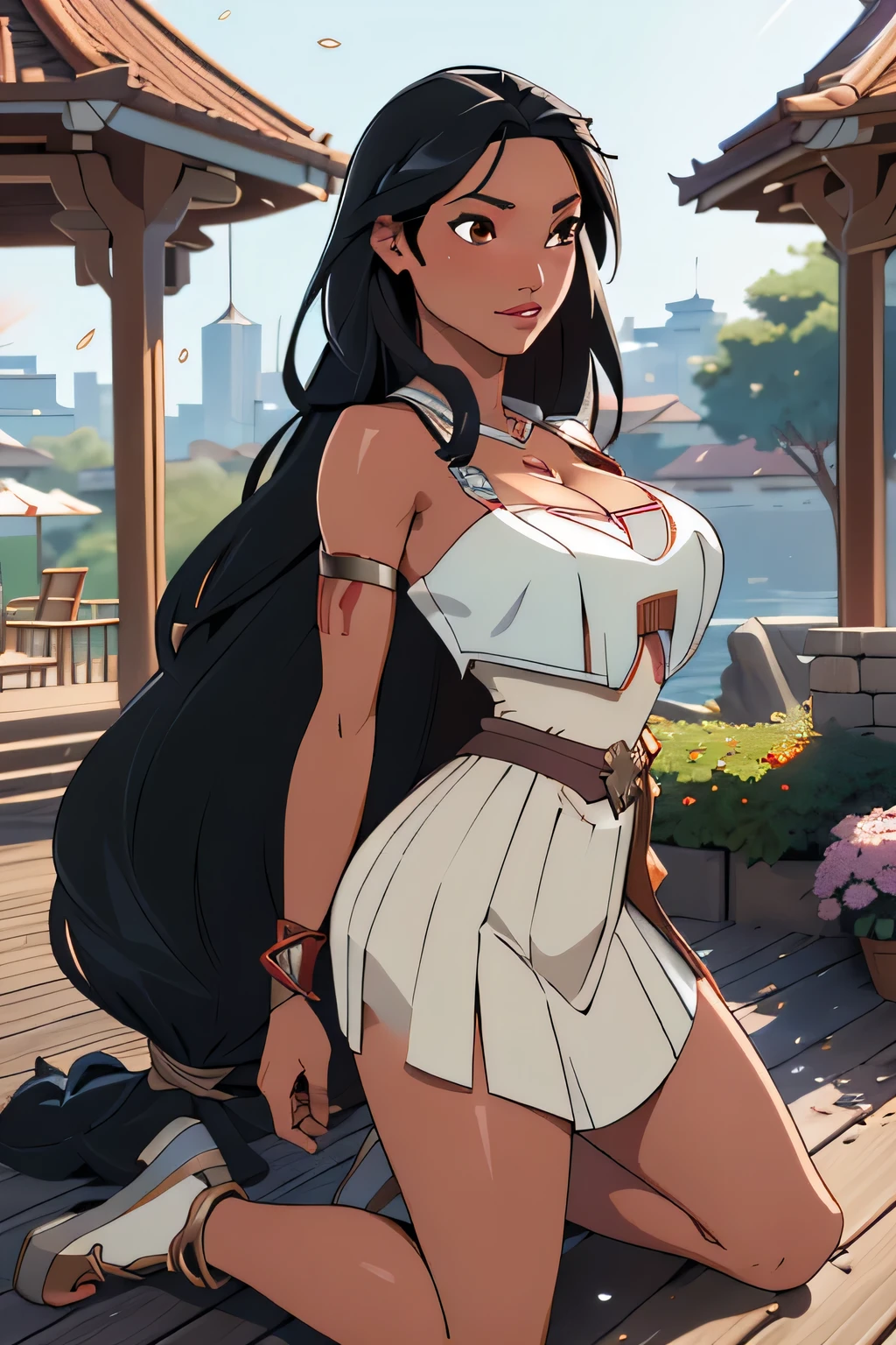 1girl in, 18, Pocahontas Waifu, photo of perfect woman, miniature ferry, Solo, Aesthetic artwork, (long hair, very long straight black hair:1.25), (clear skin, tanned skin, large breasts, DD-cup, runners body, very thin waist, skinny, petite, detailed skin texture), (cleavage, focus on breasts:1.2), ((she wears a white tunic with red accents, Sword Art Online style, Asuna Yuki cosplay, metallic chest plate, jewelry, bangles, Short pleated skirt), arched back, detailed background, garden, pavilion, city, kneeling, reaching between legs, (extremely detailed 8k wallpaper), soft lighting, high quality, film grain, Fujifilm XT3 sharp focus, f 5.6, 50mm, High Detail, Sharp focus, (natural light), crazy details, complex details, hyper detailed. (cowboy photo:1.2), light particles, sfw