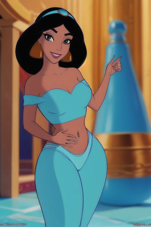 ((1girl)), ((jasmine)), (((sexy))), ((brown skin)), ((thick thighs)), ((big booty)), ((wide hips)), (big breasts), ((black hair)), (sexy smile), ((best quality)), (high quality), (detailed), (perfect face), (), (teal bikini), ((fishnets)), ((handjob))