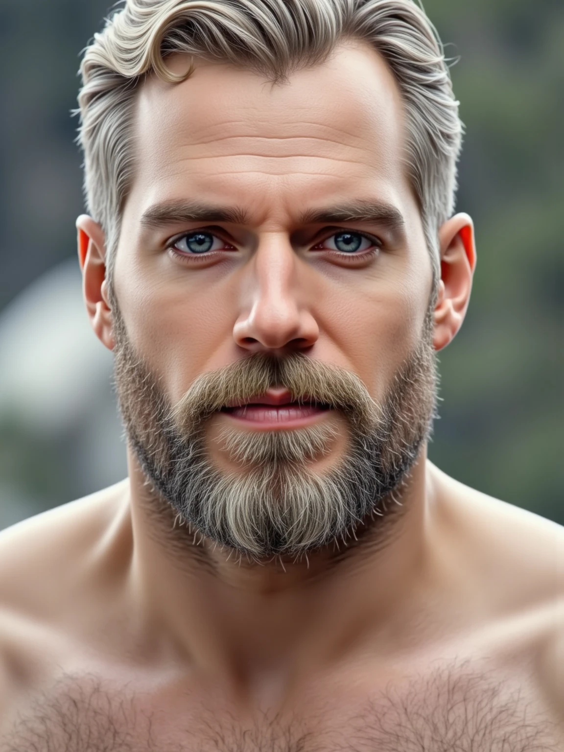 realistic, (best quality, masterpiece:1.3),  finely detailed eyes and detailed face, coffee machine, kitchen, solo mature male, tall muscular guy, silver hair, blue eyes, silver facial hair,