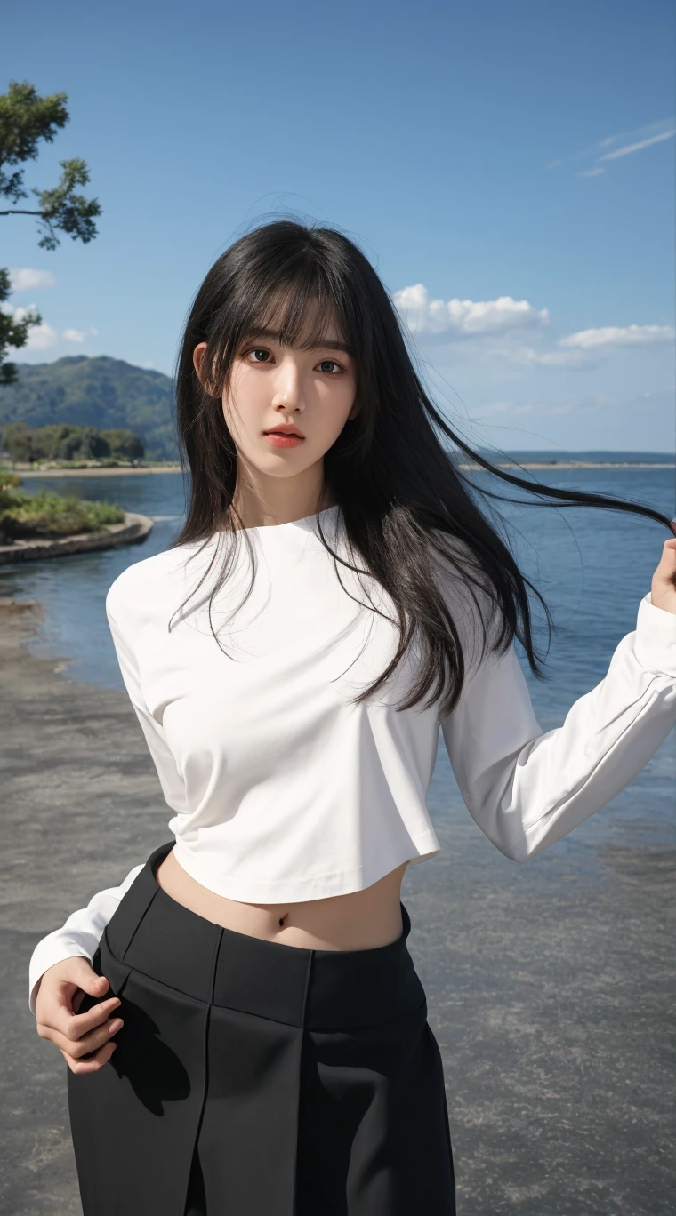 (((best quality))),(((ultra detailed))),(((masterpiece))),illustration,((1girl,naval officer,solo)),(short ponytail:1.2),((slim,thin)),((small breasts,flat chest)),(blue and white horizontal-striped short-sleeved shirt:1.3),(navy blue pleated skirt:1.2),vibrant colors,ocean background,(on the warship:1.3),majestic,turquoise waves,sun reflection,white clouds,sky,brilliant shade of blue,confident posture,gaze fixed on horizon,wind,gently blows hair,stray strands,flutter in breeze,adventure,excitement,unknown waters,beauty,strength,determination,female power,resilience,striking looks,powerful setting,sea,captivating,inspiring image,viewer,drawn to presence,challenging environment,military service,bravery,dedication,((from front,upper body))
