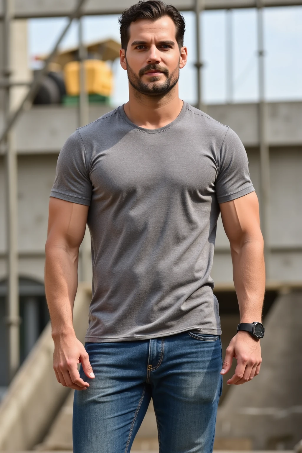 man , Dark blue t-shirt, jeans, black short hair , outdoor , cute smile , หน้าhandsomeแบบเกาหลีสมจริง , modest muscles , Masterpiece、High resolution、Surreal、detailed face、alone、man、Glowing skin、(Asia)、handsome、tall building background