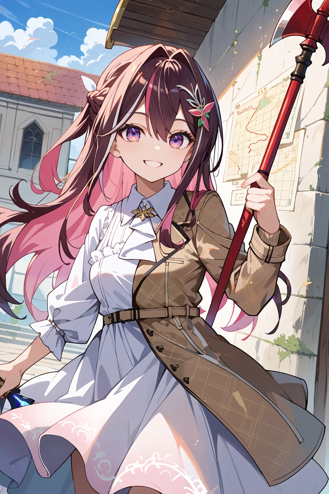 score_9, score_8_up, score_7_up, source_anime, 1girl, solo, AzkiDefault, multicolored hair, long hair, french braid, hair ornament, white ascot, collared dress, two-tone dress, white dress, brown dress, brown jacket, asymmetric jacket, Holding, holding a pink-colored-halberd in her right hand, a map in her left hand, outdoors, smileing at viewer, smile, holding_polearm, holding_weapon, contrapposto pose, cowboy shot, dutch angle ,dynamic, 