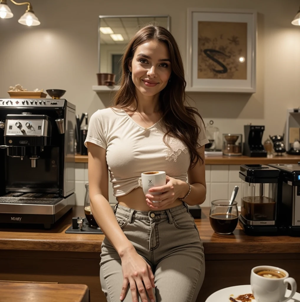 (best quality,4k,8k,highres,masterpiece:1.2),ultra-detailed,(realistic,photorealistic,photo-realistic:1.37),beautiful woman, 30 years old,smiling woman,long,wavy,dark brown hair,dark brown eyes,happy expression,detailed hair strands,happiness,relaxing atmosphere,upscale coffee shop,dressed in jeans,stylish and modern outfit,comfortable seating area,wooden furniture,cozy ambient lighting,large glass windows,people enjoying their coffee,different coffee brewing equipment,high quality coffee beans,rich aroma,freshly ground coffee beans,delicate foam on the coffee cup,steaming hot coffee,takeout cups,coffee machine on the counter,espresso machines,soft background music,vibrant and energetic atmosphere,warm color palette,neutral colors with pops of earth tones,warm and soft lighting,stylish decor elements,artistic wall paintings,beautifully designed menu board,hanging plants from the ceiling,bright and clean space,to-go pastry options,indulgent treats,detailed coffee cup designs,reflections on the coffee cups,friendly and attentive customer service,inviting and welcoming environment,classy and upscale coffee experience, best quality, UHD, high details, best quality, beautiful face, long oval face, deep cahrming look, deep eyes, cinematic lighting, motion blur, film grain, very detailed, 30 years, natural wave hair, dark brown eyes, high-res, masterpiece, best quality, intricate details, highly detailed, sharp focus, detailed skin, realistic skin texture, texture, detailed eyes, professional, 4k, 85mm, shallow depth of field, kodak color vision, perfect fit body, extremely detailed, photo_\(ultra\), photorealistic, realistic, post-processing, maximum detail, roughness, real life, ultra realistic, photorealism, photography, 8k uhd, photography (grain of film) medium shot for closeup shot, longer slimer face, perfect face, MIDDLE SIZE BREAST, sporty slim body, 