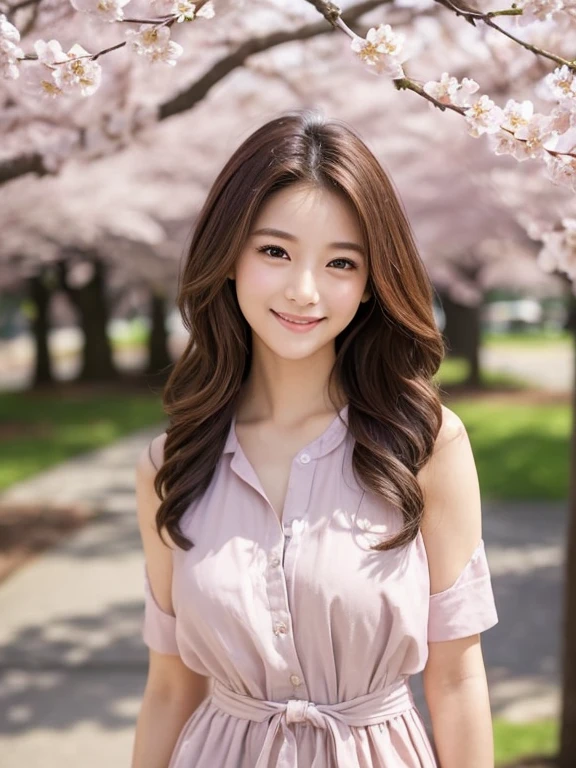 (RAW Photos), (Photo Real), (masterpiece), (Highest quality), High resolution, 8K resolution, (Intricate details), (Volumetric Light), Portraiture, woman, 30 years old, Long Hair, Layered Hair, Brown Hair, Highly detailed eyes, Source order, Very thin eyebrows, Highly detailed skin, Normal bust size, Highly detailed mouth, Highly detailed nose, Cute like an idol, smile, ((Pink lipstick)), ((Look at the viewers)), (An elegant and transparent red see-through short-sleeved dress), Turning around posture, ((Randomly oriented bodies)), Green park background,