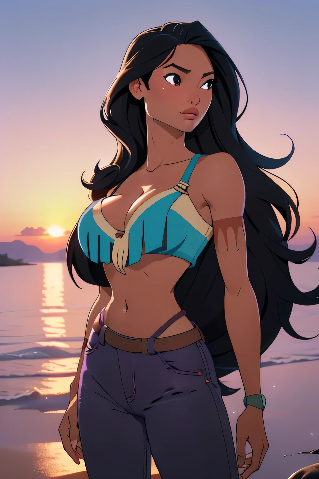 1girl in, 18, Pocahontas Waifu, photo of perfect woman, miniature ferry, Solo, Aesthetic artwork, (long hair, very long straight black hair:1.25), (clear skin, tanned skin, large breasts, DD-cup, runners body, very thin waist, skinny, petite, detailed skin texture), (cleavage, focus on breasts:1.2), ((revealing clothing, (wearing tube top, purple pants, bracers, cowboy shot), (Beach sandy, sunset on the water, evening), (extremely detailed 8k wallpaper), soft lighting, high quality, film grain, Fujifilm XT3 sharp focus, f 5.6, 50mm, High Detail, Sharp focus, (natural light), crazy details, complex details, hyper detailed. (cowboy photo:1.2), light particles, sfw