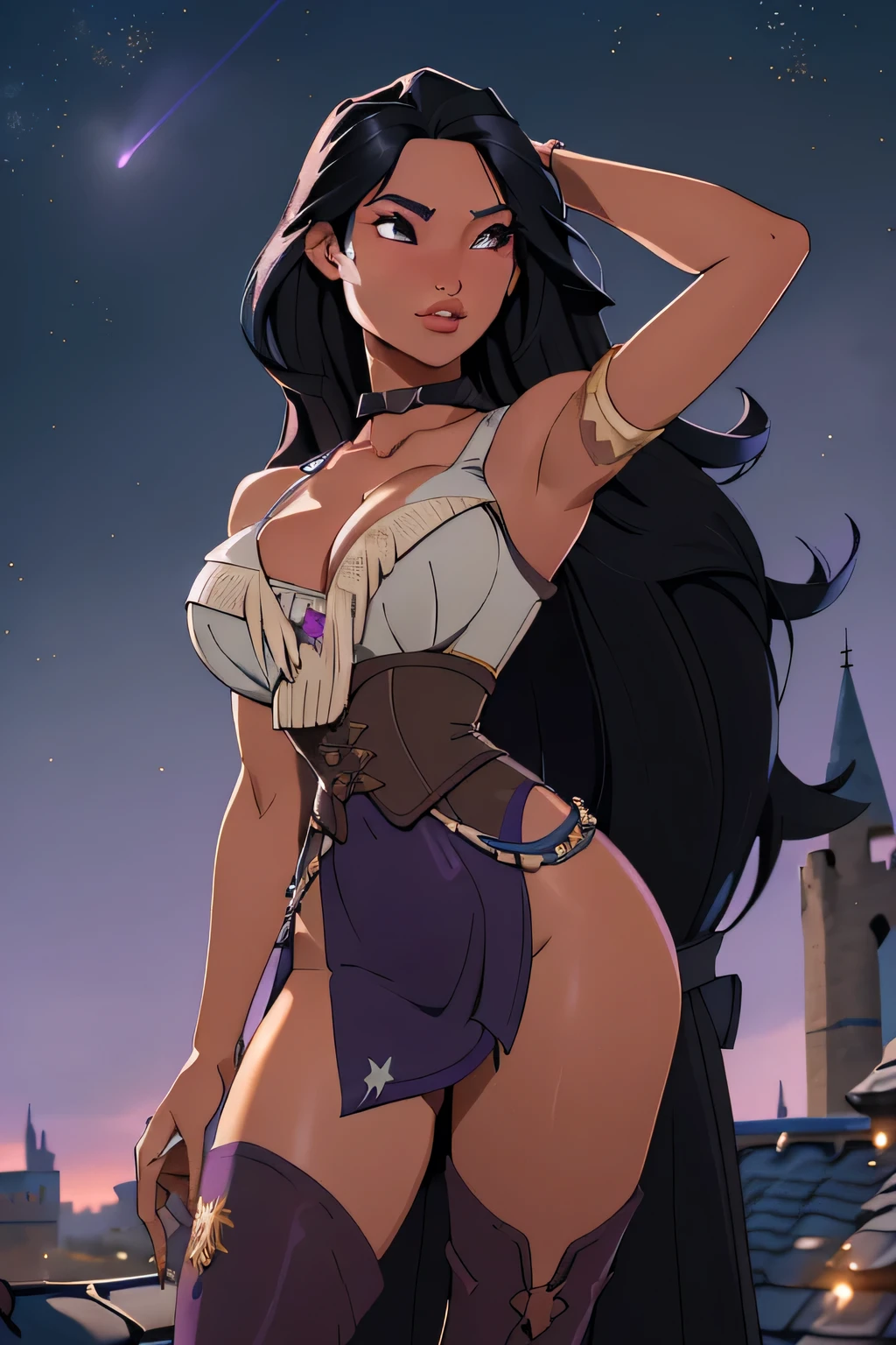 1girl in, age18, Pocahontas Waifu, photo of perfect woman, miniature ferry, Solo, Aesthetic artwork, (long hair, very long straight black hair:1.25), (clear skin, tanned skin, large breasts, DD-cup, runners body, very thin waist, skinny, petite, detailed skin texture), (cleavage, focus on breasts:1.2), ((revealing clothing, (wearing purple full length wizard robes, purple corset, bare shoulders, thigh high boots, chains:1.1), (dancing pose:1.21), (detailed Castle roof background:1.1), rooftop, overlooking medieval city, (extremely detailed 8k wallpaper), soft lighting, high quality, film grain, Fujifilm XT3 sharp focus, f 5.6, 50mm, High Detail, Sharp focus, (natural light), crazy details, complex details, hyper detailed. (cowboy photo:1.2), light particles, sfw