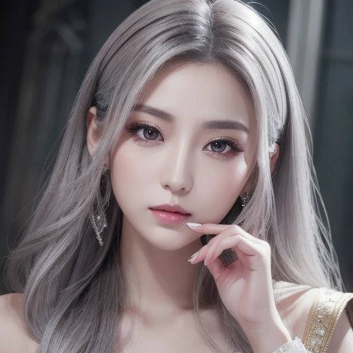 ((Top quality, masterpiece, 8K, best image quality, ultra-high resolution), TWICE tzuyu, Korean beauty, silver hair, long hair, small face, fair skin, narrow eyes, slanted eyes, slender, big breasts, sex appeal, lustrous, mature