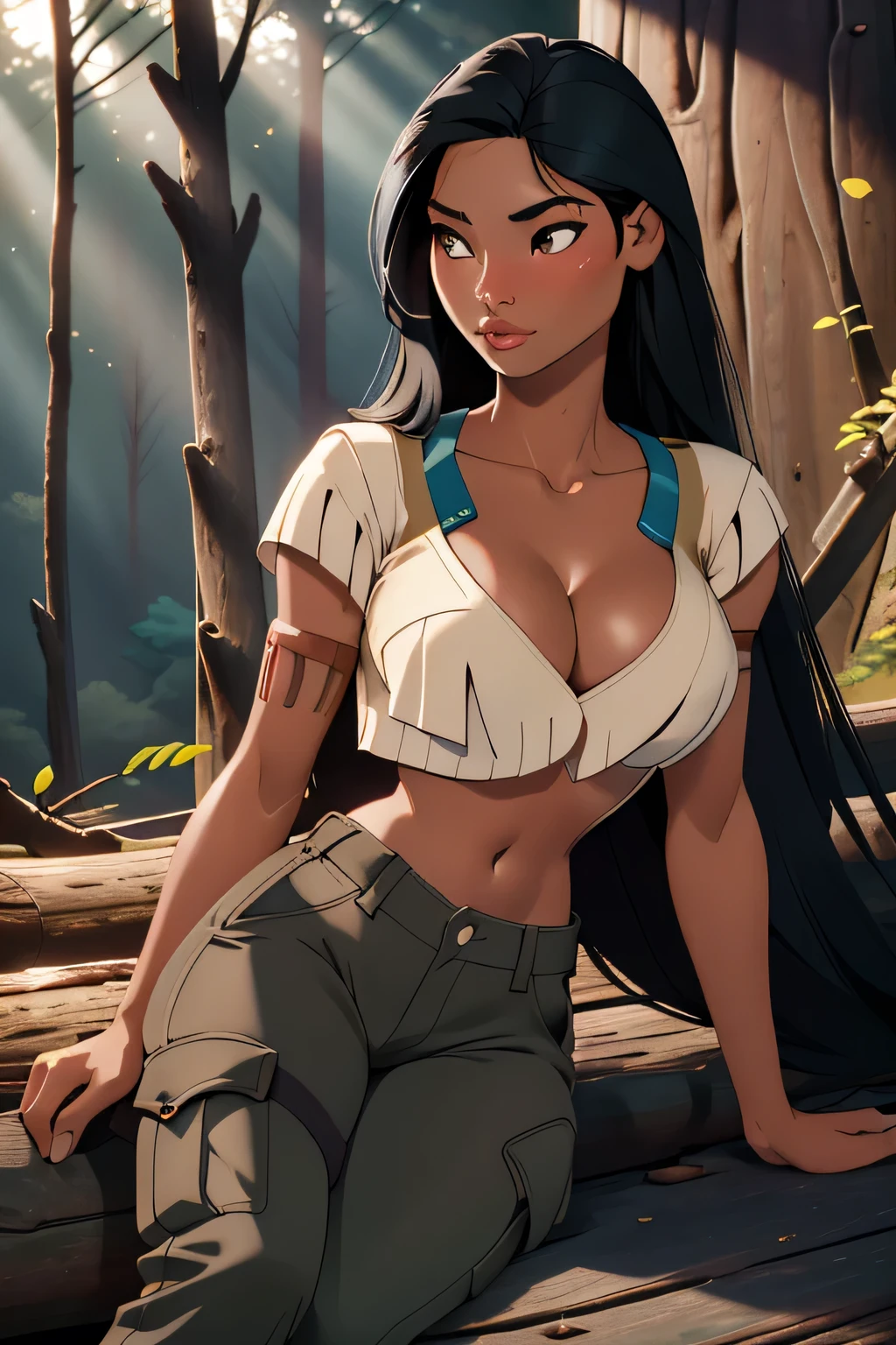 1girl in, 18, Pocahontas Waifu, photo of perfect woman, miniature ferry, Solo, Aesthetic artwork, (long hair, very long straight black hair:1.25), (clear skin, tanned skin, large breasts, DD-cup, runners body, very thin waist, skinny, petite, detailed skin texture), (cleavage, focus on breasts:1.2), (wearing tight cropped t-shirt, cargo pants), (sitting on a log in the forest), (extremely detailed 8k wallpaper), soft lighting, high quality, film grain, Fujifilm XT3 sharp focus, f 5.6, 50mm, High Detail, Sharp focus, (natural light), crazy details, complex details, hyper detailed. (cowboy photo:1.2), light particles, sfw