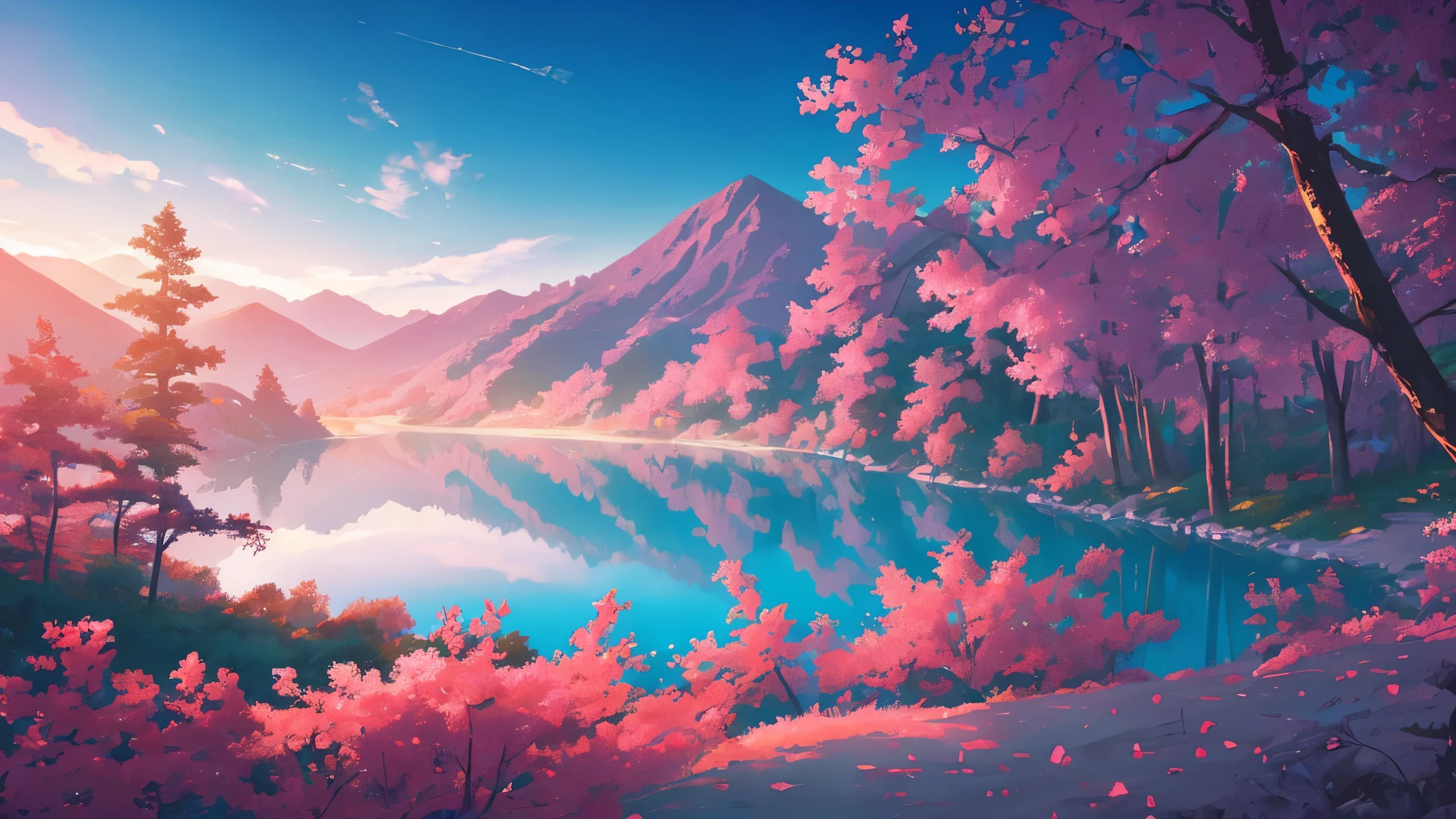 There is a painting of a lake surrounded by trees and mountains - SeaArt AI