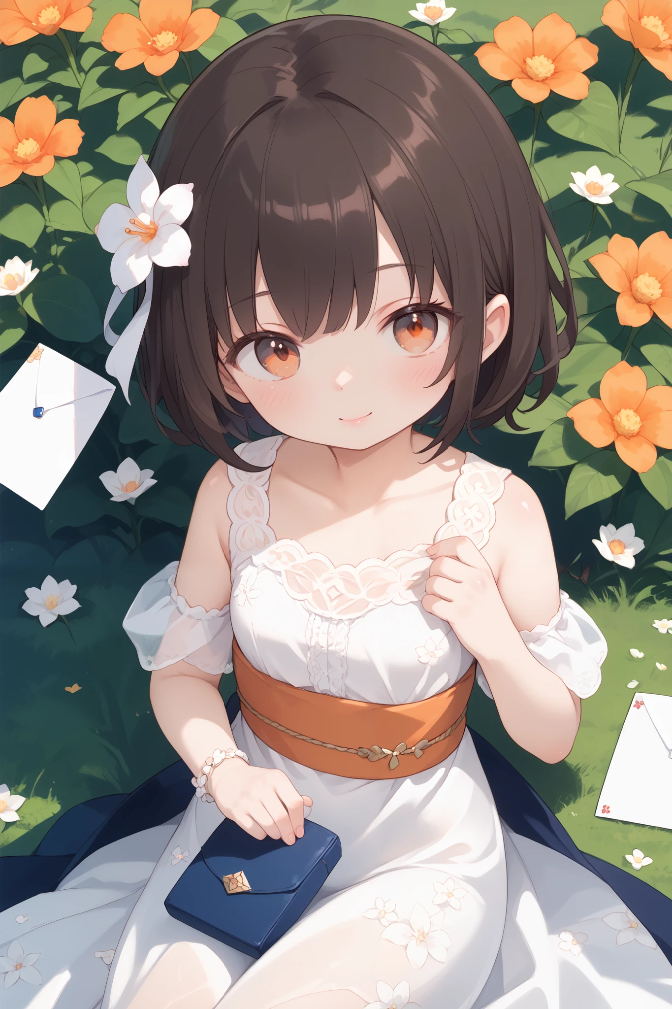 masterpiece, envelopes. image of anime girl , beautiful, Japanese girl, delicate features , dark brown hair, adorable, short hair, orange eyes , light skin, slim body, She is 1'09 cm tall, white floral dress , she is , flower field .