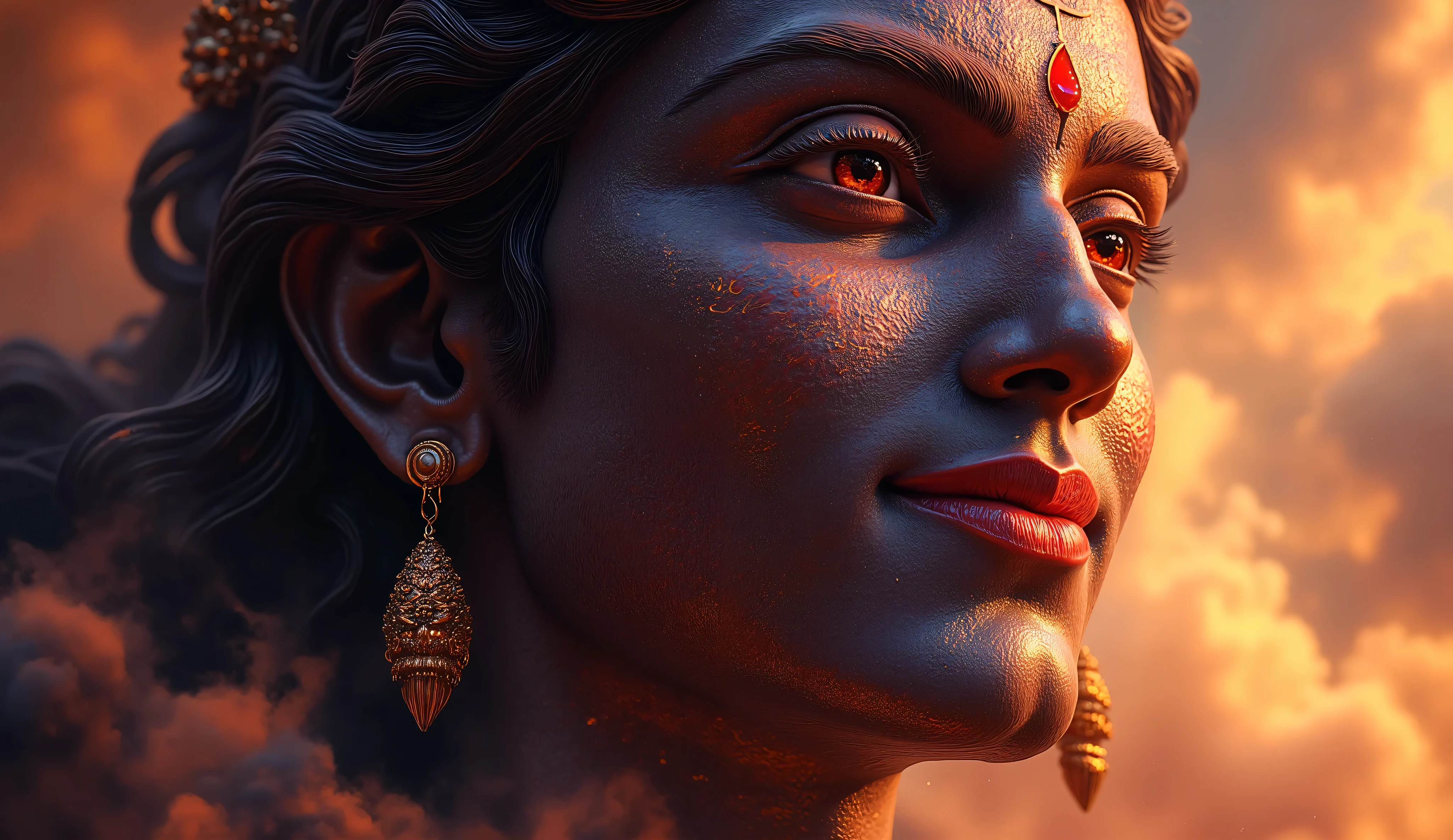 Create a hyperlistic close up shot image of lord Vishnu looking at camera and smiling face handsome looking realistic super dynamic and background divine light and glow with clouds