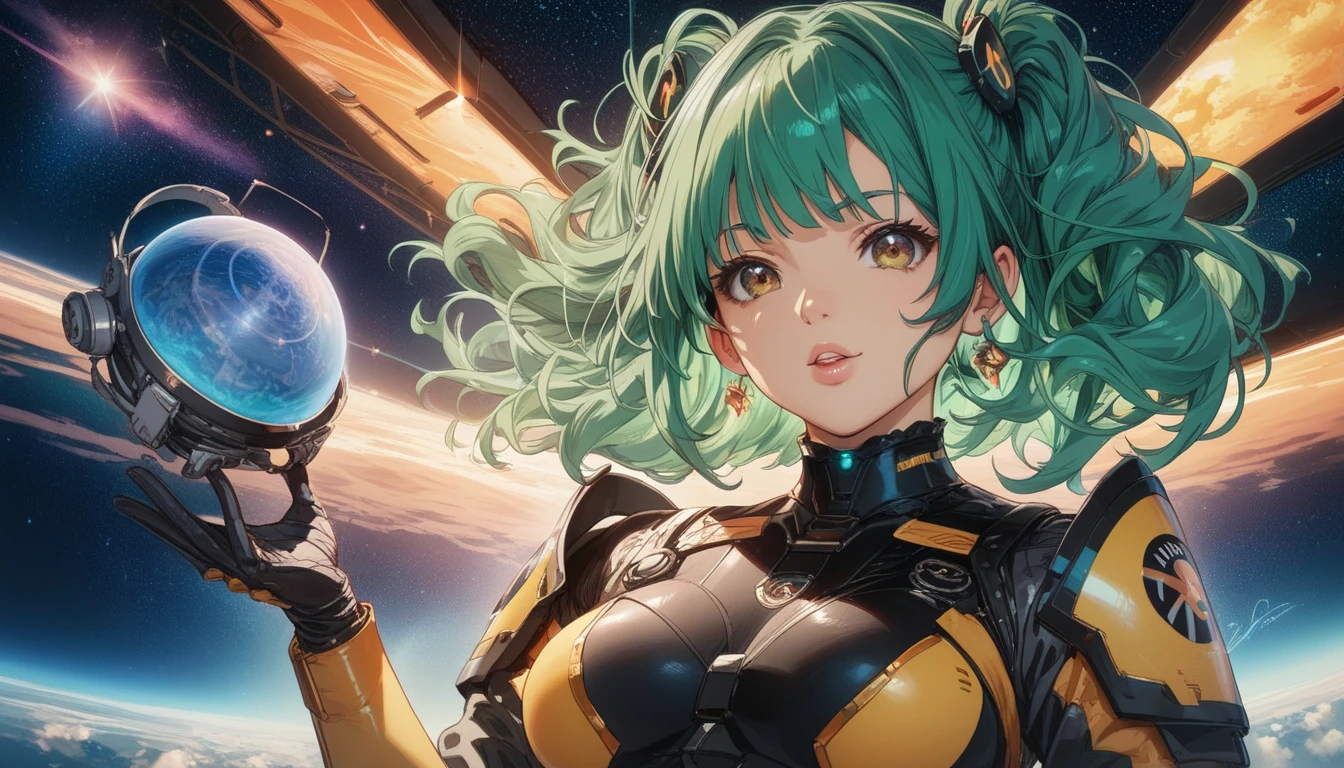 A beautiful girl, cute face, extreme abs, transparent jacket, completely naked, neon green hair, space buns,