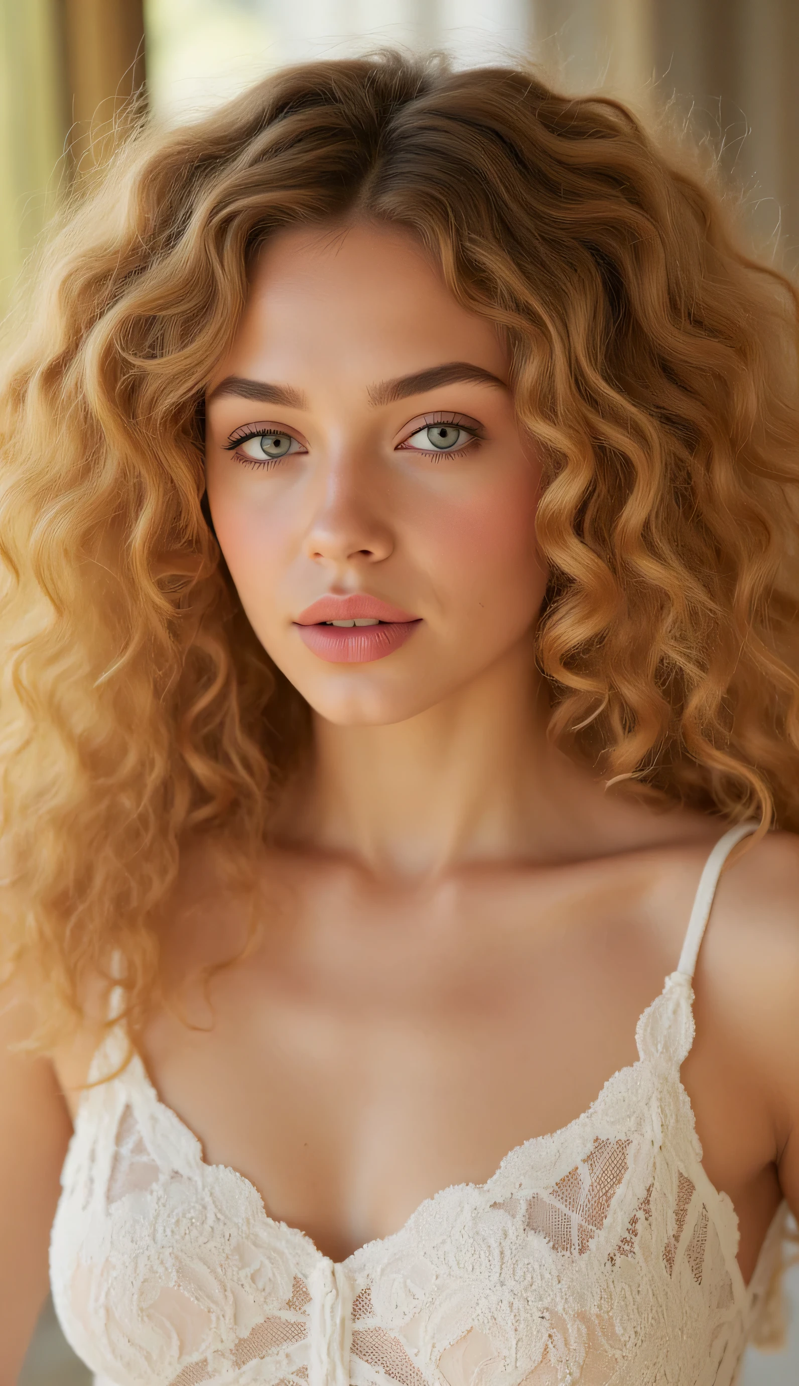 a close-up of a beautiful woman with curly blonde hair and stunning eyes, sitting seductively on a bed, sensually touching her intimate area
