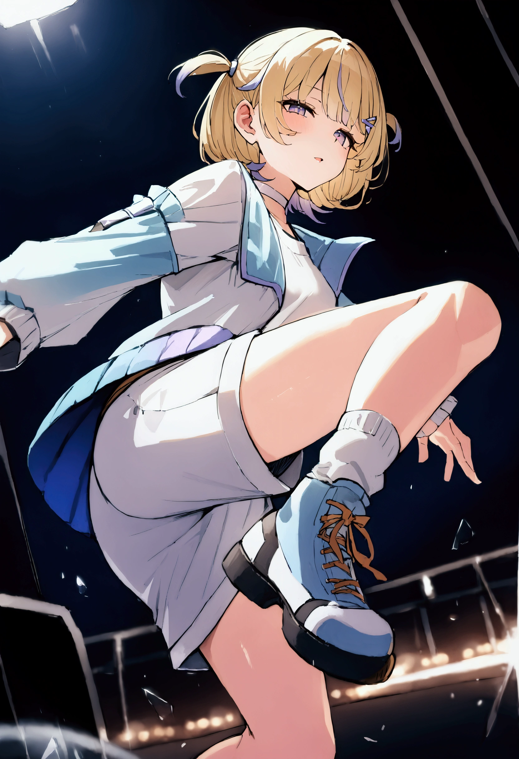 (masterpiece),(absurdres),(ultra detailed),(beautiful detailed),Todoroichi 、 Hololive、HajimeBase、 multicolor hair 、 short hair、 two side up、 hair clips、white choker 、 white shirt、 white jacket 、 gradient jacket、 white shorts、(kicking at viewer),throw,half-closed eyes,parted lips,in the midnight,shoes,(blond twintails with car :1.2),stage lighting:1.3,(motion blur:1.1)、Broken glass、reflection、 Broken Glass