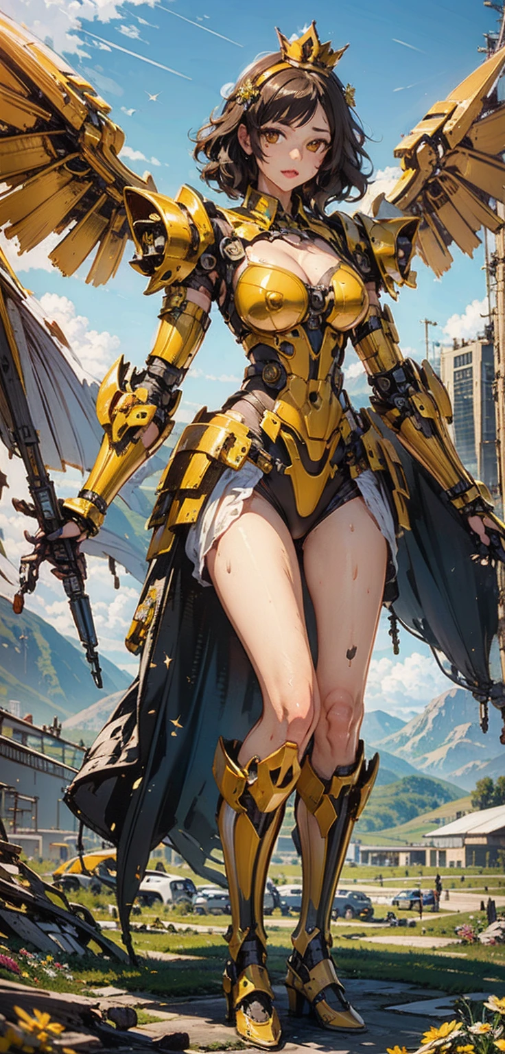 meccog, panorama, full body, best quality, masterpiece, super high resolution, (realism: 1.4), ridiculous, cinema lights, (best vista photo of mechanical girl), 1girl, (Anatomically correct), Phoenix pattern decoration on clothes, full body, broken [red: pink: 0.5] theme, (gradient background: 1.1), long hair, (phoenix tiara) with wings at back, red eyes, delicate tiara, (koh_amberheard:0.9), Extremely detailed faces, fantasy sci-fi creatures, surrealism, steampunk, intricate design, extremely detailed, exquisite details,