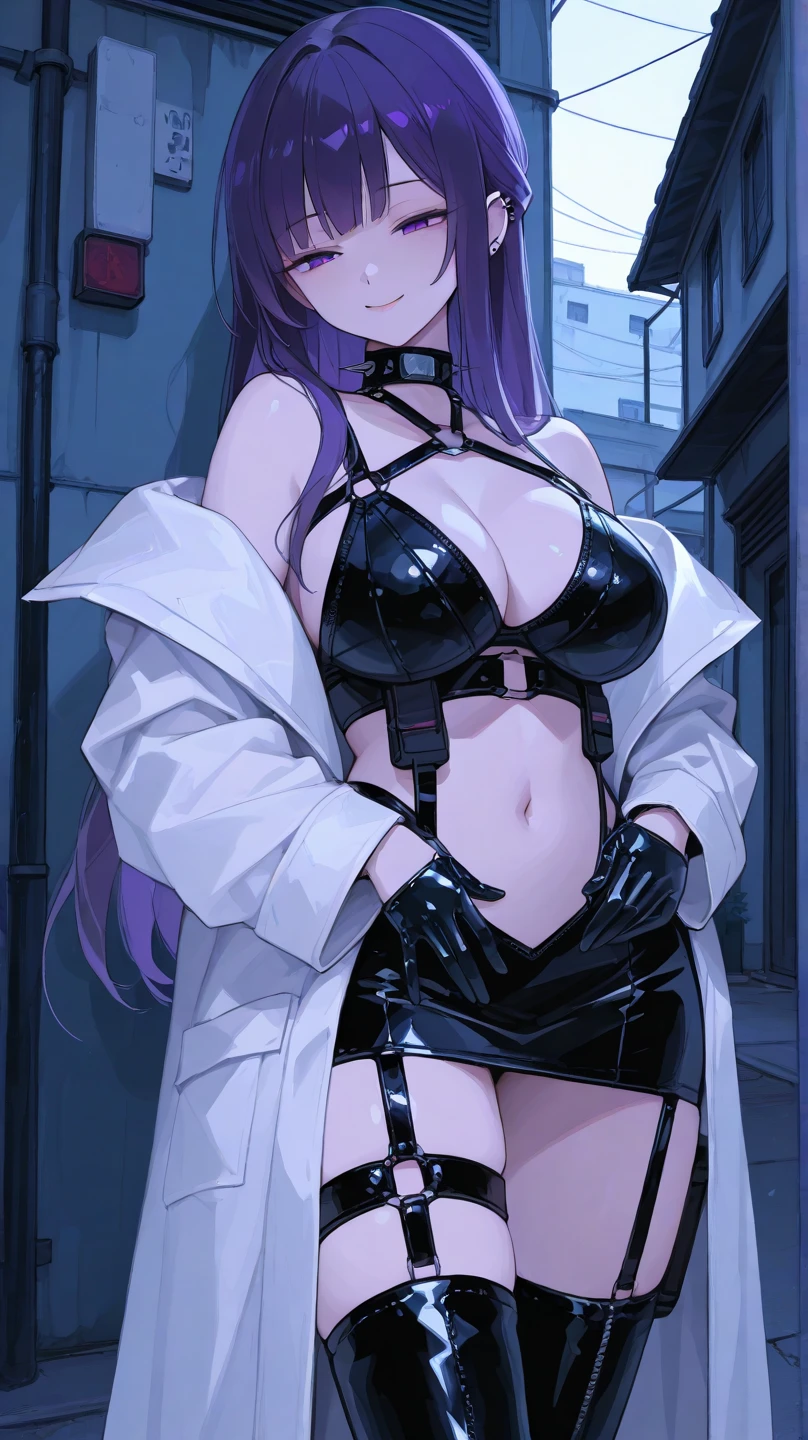 A beautiful adult woman with shoulder-length long light purple hair, big breasts, beautiful legs, and a sharp face is standing in a tube top that shows her shoulders and a black miniskirt.。