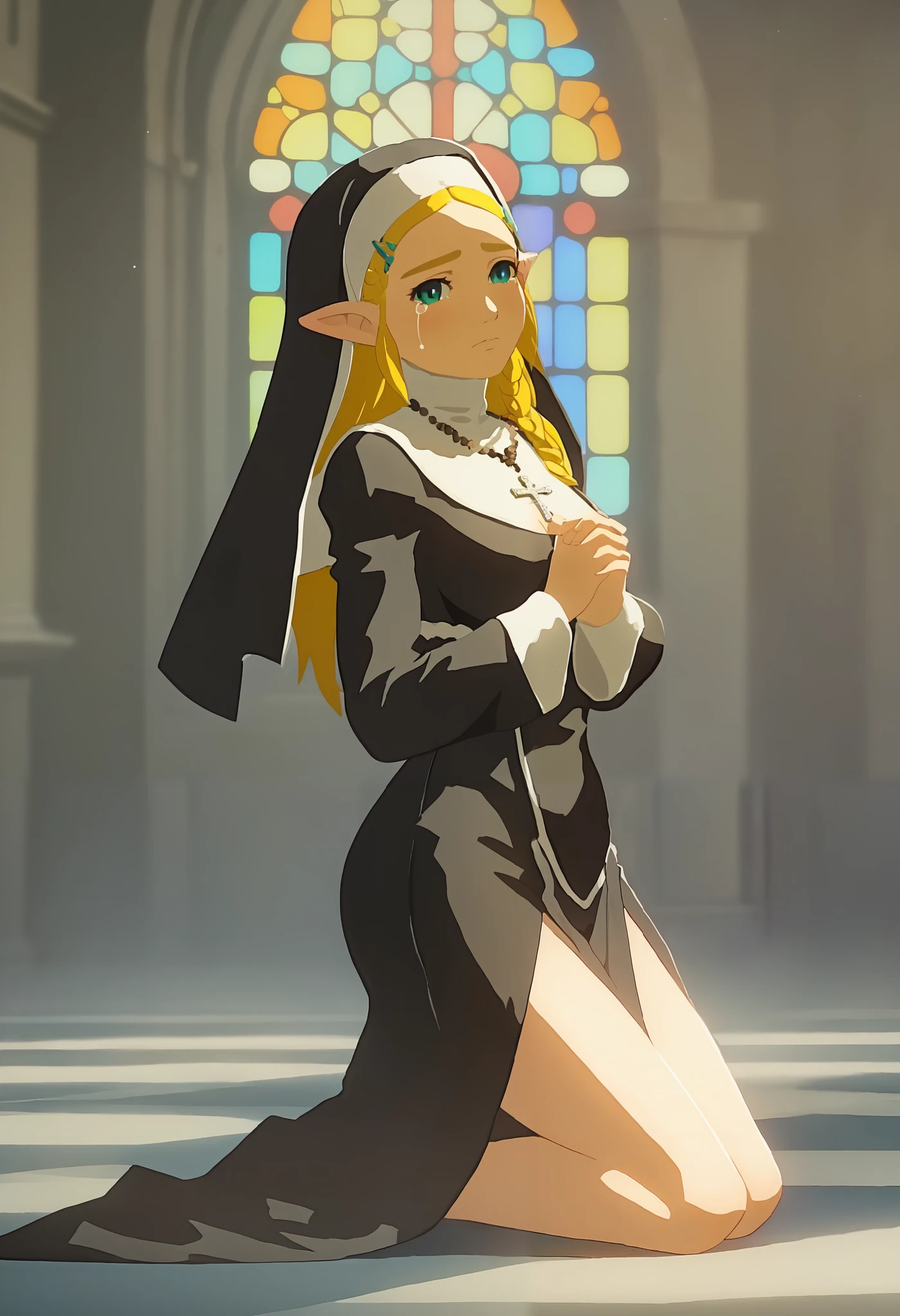 score_9, score_8_up, score_7_up, score_6_up, score_5_up, score_4_up, BREAK source_anime, 1girl, solo,
ChopioZelda, blonde hair, aqua eyes, pointy ears,
long hair, crown braid, sidelocks, parted bangs, hairclip, medium breasts, sexy pose, seductive, flirting, looking at viewer, cleavage, thigh, sexy, nun uniform, nun clothing, beaded rosary necklace, double high slit dress, hip visible, thigh visible, kneeling on floor, at the alter, crying, in remorse, hands together prayer pose, head down, shame, shy, confessing, upper body, side view, side view, church, colored glass, colored glass illumination, daytime, side view, thigh, leg, side view, thigh, leg
