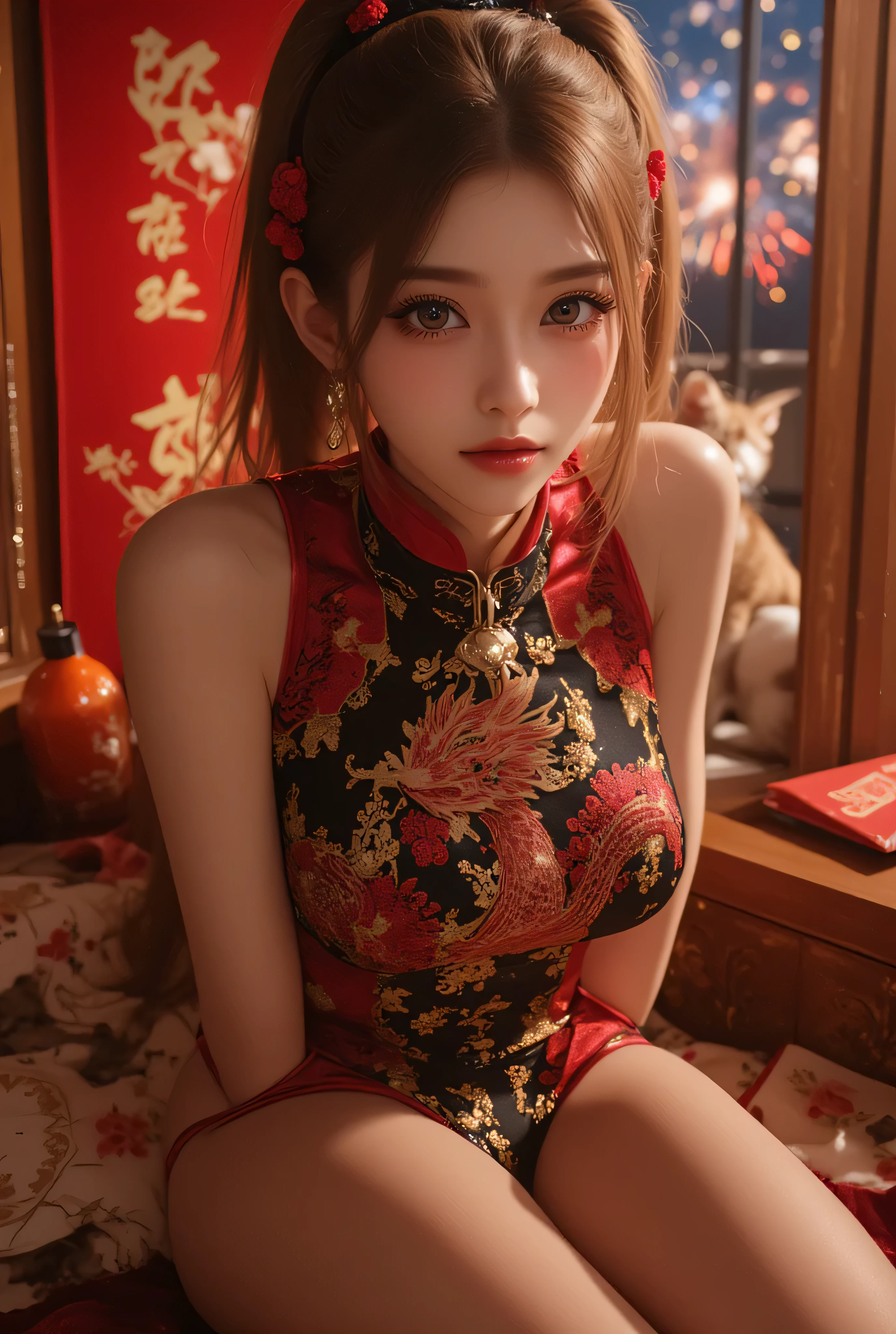 Cat ears、 face up, attractive, pretty girl, ponytail、few beautiful lady hair decorations, (( fine facial features , eroticism)), dramatic lighting , realistic , 8k, Dramatic Shadows , intricate and elaborate patterns , super detailed photo , chiaroscuro lighting , Pleasant colors , deep contrast , super real 、 pink lipstick、 warm room、Vintage Fireplace 、 cinematic composition、Close-up of face, pretty half part transparent open shoulder loose outfits dress, tang style, A beautiful Korean idol wearing a one piece red- black tightly cheongsam with phoenix and intricate floral golden embroidery, golden and silver outline on dress, standing gracefully in a room filled with traditional Chinese New Year decorations. The room features vibrant red lanterns, decorative calligraphy scrolls, a small Chinese orange tree with golden ornaments, and several red envelopes scattered across the floor and hanging from the tree. Adorable, playful cats are part of the scene—some sitting near the tree, others curiously pawing at the red envelopes or lounging around. Through a window or an open door in the background, vibrant Chinese fireworks light up the night sky in an array of reds, golds, and blues, casting a magical glow into the room. The idol’s outfit is paired with subtle accessories like red hairpins or earrings, complementing the festive look. The atmosphere is warm and lively, filled with the joyful essence of the celebration, enhanced by the shimmering lights of the fireworks and the lively decor.