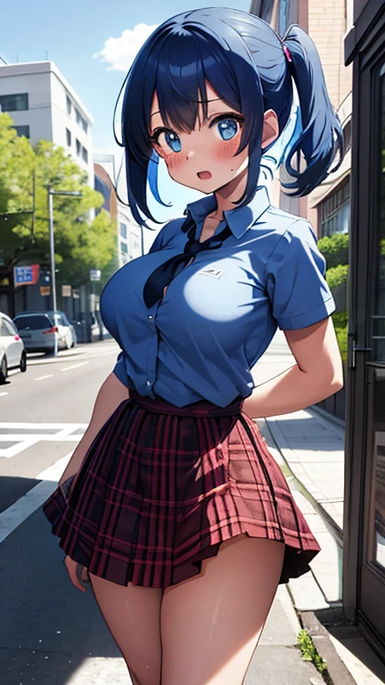 ((Highest quality, High resolution, masterpiece, detailed)),
Cowboy Shot, Written boundary depth, View your audience, Anatomically correct, 1people, woman, Perfect Face, Cute and symmetrical face, Shiny skin,
(Long Hair, Blunt bangs, Blue Hair), Chestnut brown eyes, (Large Breasts:0.8),
Beautiful details, Beautiful Hair, Beautiful Face, Beautiful clavicle, Beautiful body, Beautiful breasts, Beautiful thighs, Beautiful feet,
(White collared shirt, Red short pencil skirt, Golden Necklace),
(Beautiful views), evening, summer, walk, Tree-lined street, (Cute Smile),