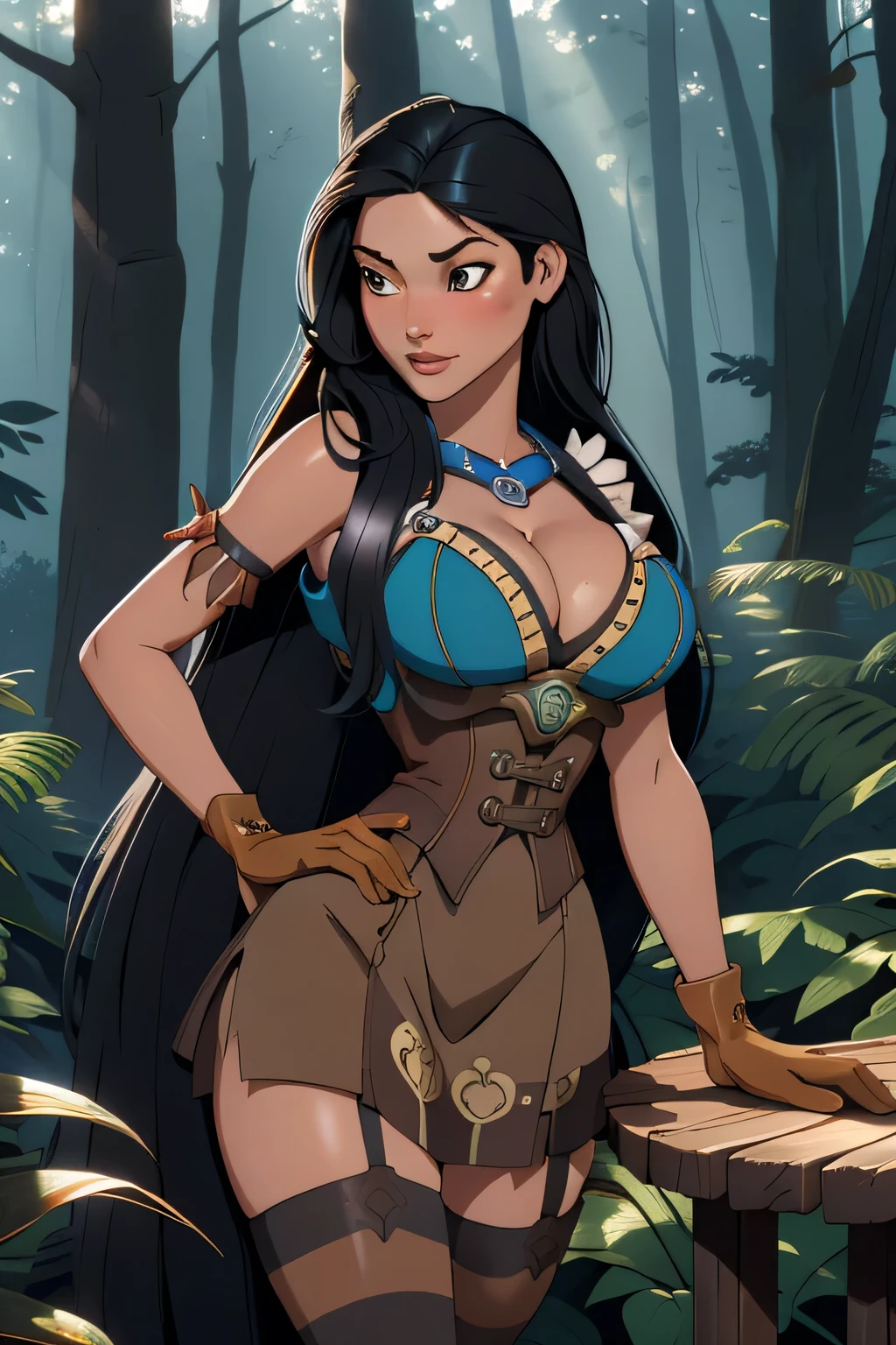 1girl in, age18, Pocahontas Waifu, photo of perfect woman, miniature ferry, Solo, Aesthetic artwork, (long hair, very long straight black hair:1.25), (clear skin, tanned skin, large breasts, DD-cup, runners body, very thin waist, skinny, petite, detailed skin texture), (cleavage, focus on breasts:1.2), ((wearing American McGee's Alice in Wonderland steampunk dress, gloves, striped stockings)), (high detailed giant mystical forest), (extremely detailed 8k wallpaper), soft lighting, high quality, film grain, Fujifilm XT3 sharp focus, f 5.6, 50mm, High Detail, Sharp focus, (natural light), crazy details, complex details, hyper detailed. (cowboy photo:1.2), light particles, sfw