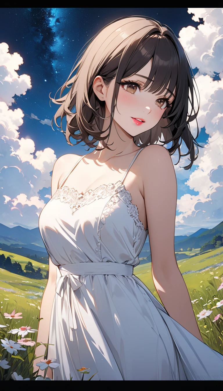(1个Giant Breast Girl)Calm expression,mesmerizing eyes,(floated hair),(Flowing skirt),A calm posture,Porcelain-like skin,Subtle blush,Sapphire pendant,Break the golden hour,(edge lit):((1.2,a warm color palette,sunflare,soft shade,vivd colour,painterly effect,Fantastic atmosphere BREAK scenic lake,Far Mountain,Calm water surface)),(Reflectors),Sunlit clouds,(Oppressive atmosphere),Idyllic sunsets,(ultra - detailed),offcial art,统一 8k 壁纸,zentangle,Haiqin smoke,(Looming chest groove),Arrogant and grim expression,((Next to his right hand was a black-gold holy sword)),(The black-gold holy sword was the length of an arm),((Side 45° angle,fully body photo)),《look from down》,(Extremely delicate and harmonious face),(Barefoot),(Skirt knee-length),(Bare back),(cropped shoulders),(Tulle skirt),(Wrap only the chest),(The back was completely exposed and stained with blood),((Absolutely harmonious and harmonious limbs)),((Cover your chest with your left hand)),(Resolute and indifferent demeanor)(Crystal clear),(Exquisite facial features),(Evil smile),(Blood spilled from the corners of his mouth),((Lateral tilt 45° angle)),(closeup view),(perfect body figure),((Perfect facial features)),(painting of a),(White with black skirt),(Wear more makeup),(Wear more makeup),(Small rivers,High hills,setting sun),(Leaning sideways),(hugging his knees),(Dress coolly),(and wear no underwear)