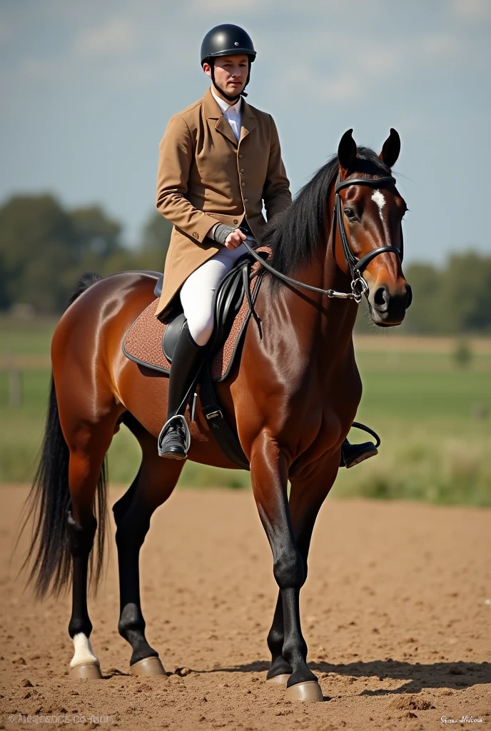cheval sans cavalier Sexe : masculin
Age : 7 ans
Description physique :
Taille : 1,65 au garrot
Robe : bai foncé avec des reflets acajou.
Une fine liste blanche sur le chanfrein.
Balzanes hautes sur les postérieurs.
Musculature élégante et harmonieuse.
Allure fluide et puissante, reflétant ne grande expérience et une bonne éducation.
Outfit :
Filet en cuir de qualité marron ou en acajou, muserolle cavalière et mors simple.
Selle de dressage marron foncé ou en acajou, en cuir doux et résistant, quartier assez court, sanglons en cuir.
Tapis bien ajusté beige ou blanc avec un liseré en acajou, légèrement rembourré.
Guêtres de protections en cuir marron foncé, simple, élégante, mais fonctionnelles.
Bonnet en laine, beige ou blanc, avec touche d’acajou.
Couvre-reins en laine ou matière respirante, teinte chaude de beige ou marron clair avec liseré d’acajou, assez discret.
